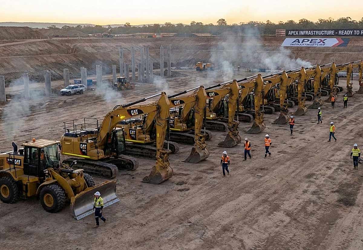 A fleet of heavy construction excavators is ready to work at a large civil construction site.