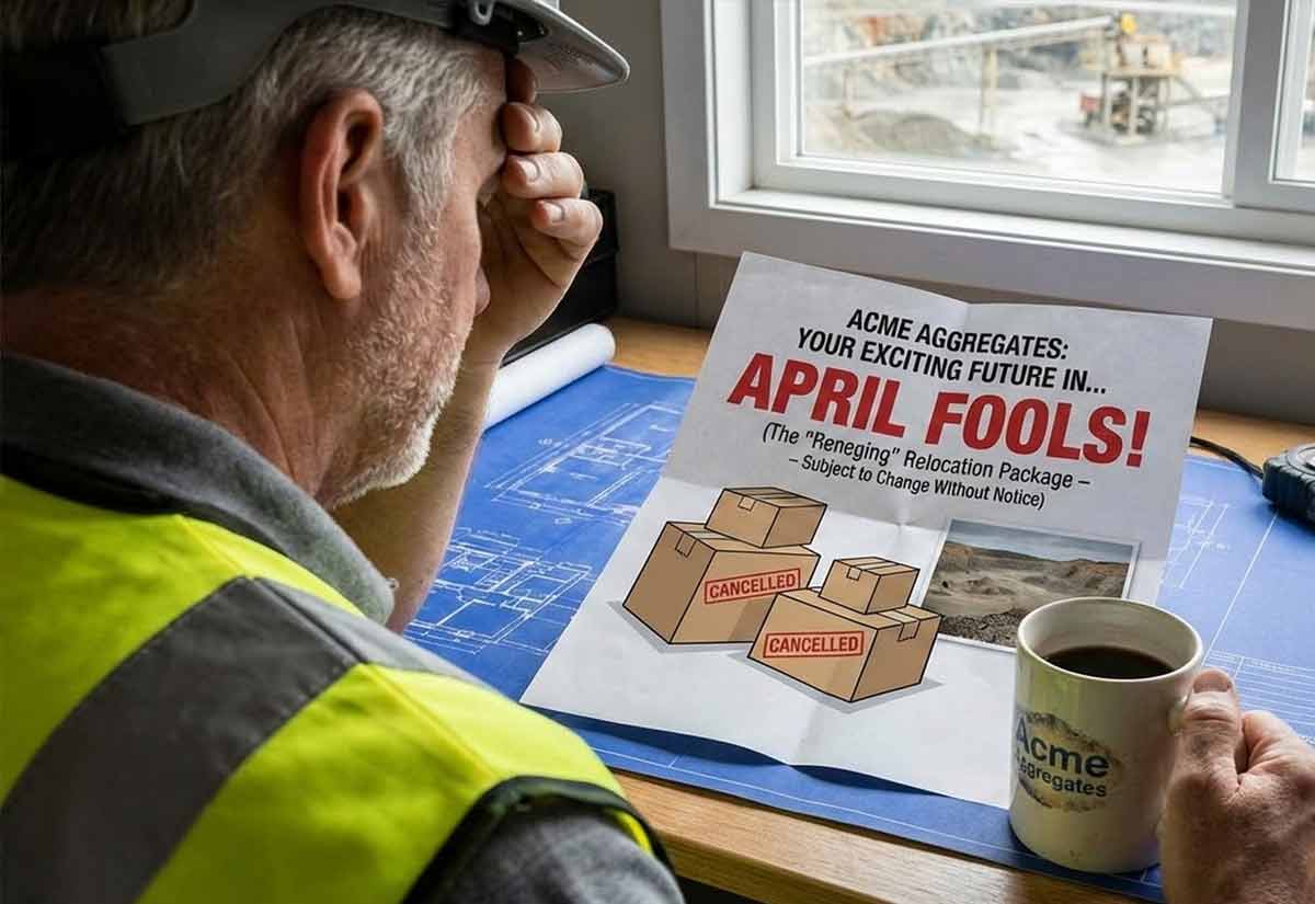 April Fools satire featuring a veteran engineer facing corporate relocation reneging at Acme Aggregates.