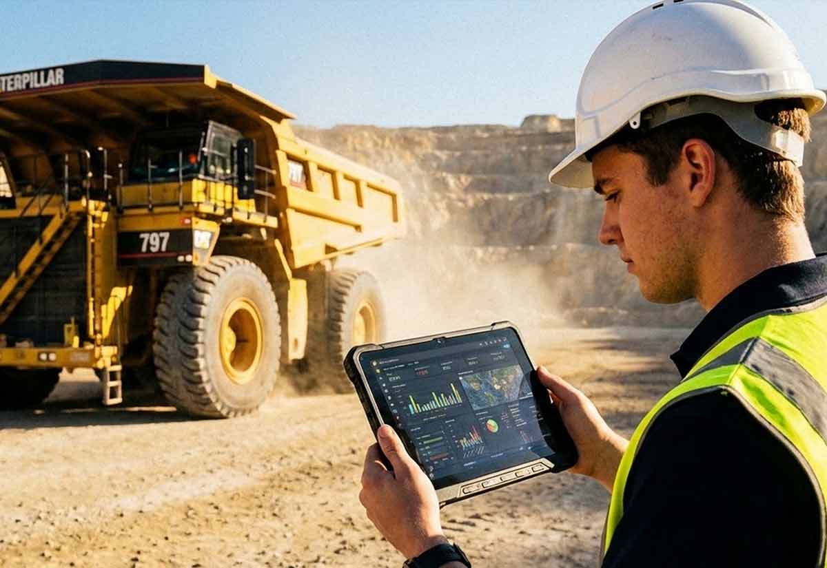 Industrial Technology specialist using a digital tablet to monitor production at a heavy industry mining site.