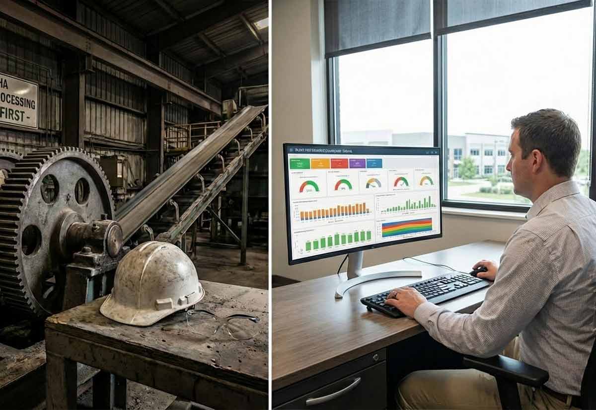 A dual-panel image representing the Assistant Plant Manager Omaha role. Left side: Close-up of industrial machinery and safety gear in a minerals processing facility. Right side: A modern office view showing a manager analyzing a performance dashboard on a computer.