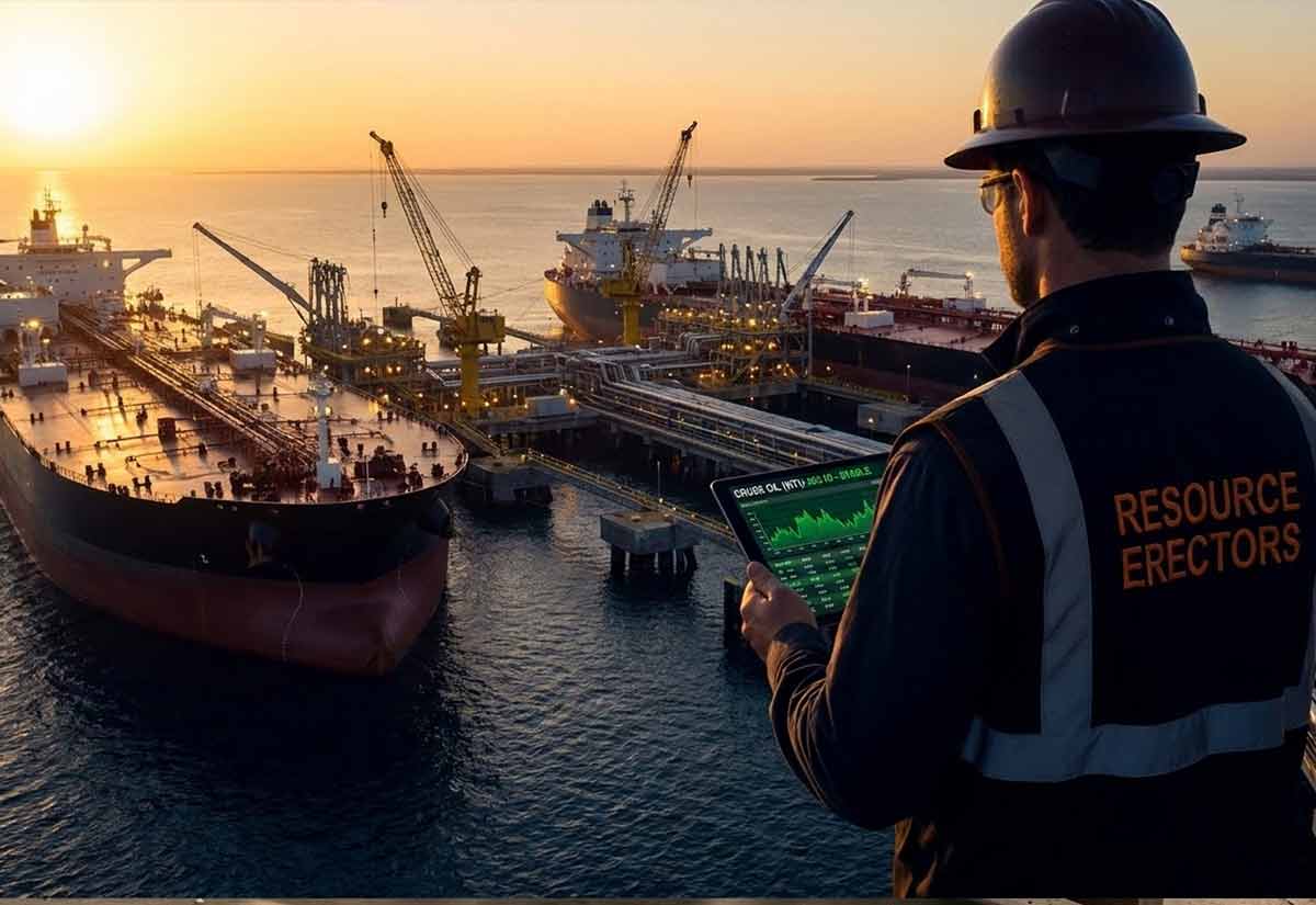 American energy resurgence in 2026, featuring oil tankers in the Gulf of America and stable crude prices driving industrial growth.