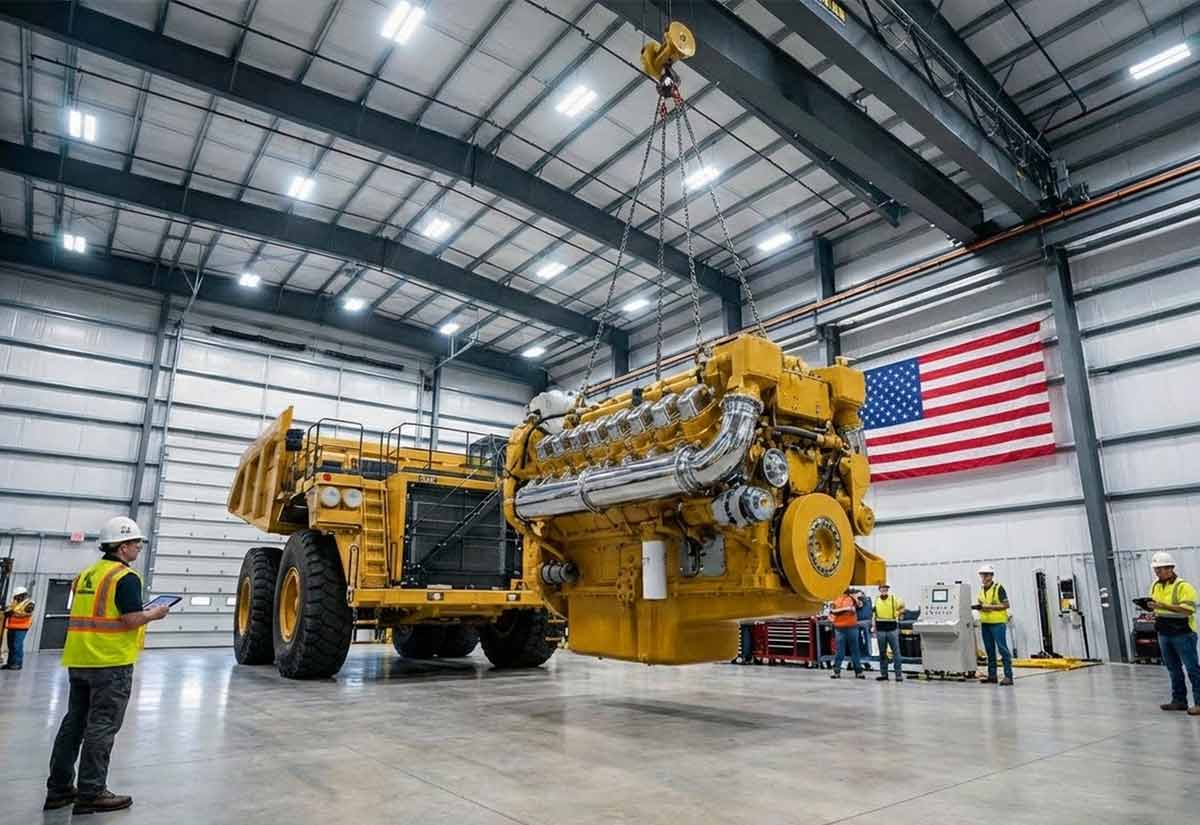 A high-performance Tier 4 Final mining engine being installed in a haul truck, symbolizing America's critical mineral security and industrial power.