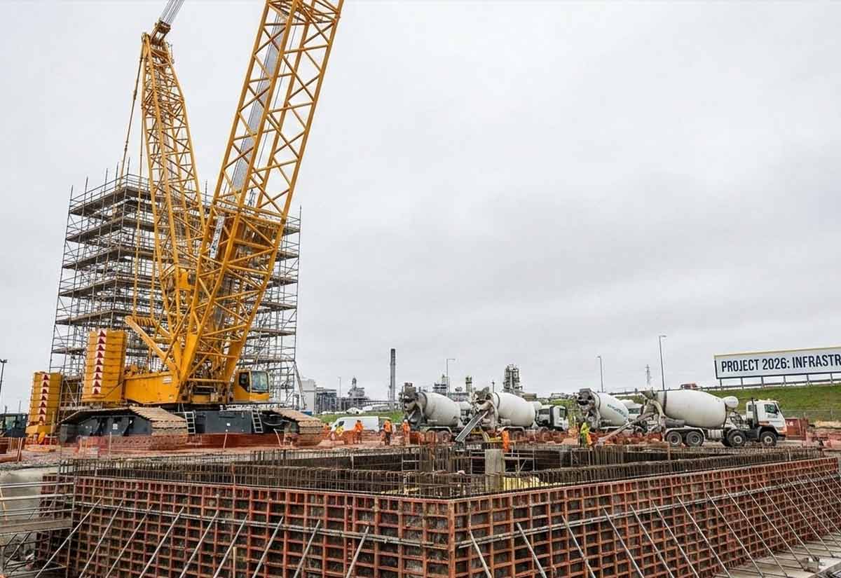 Heavy construction equipment and concrete pouring at a 2026 shovel-ready infrastructure project site.