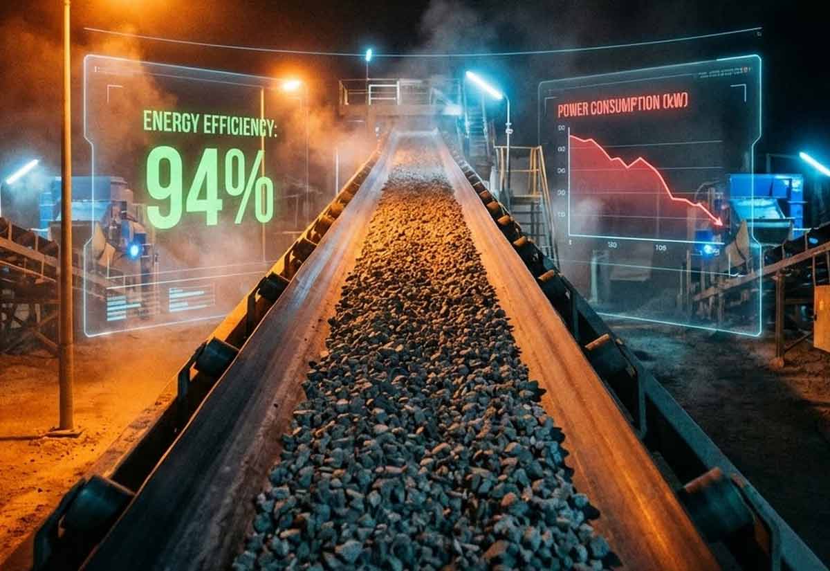 Smart conveyor system HUD showing energy efficiency metrics and power consumption data in a mining operation.