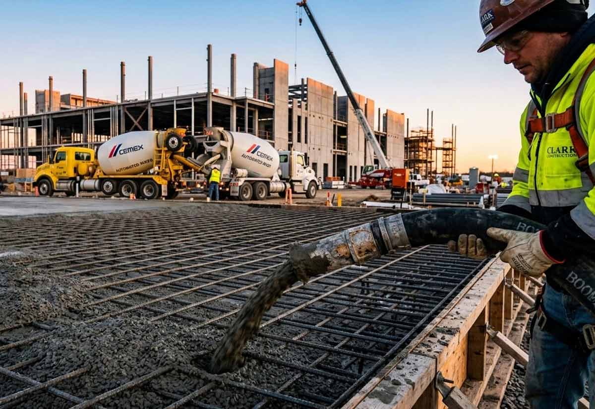 A modern automated concrete batching plant utilizing AI systems for aggregate mix optimization.