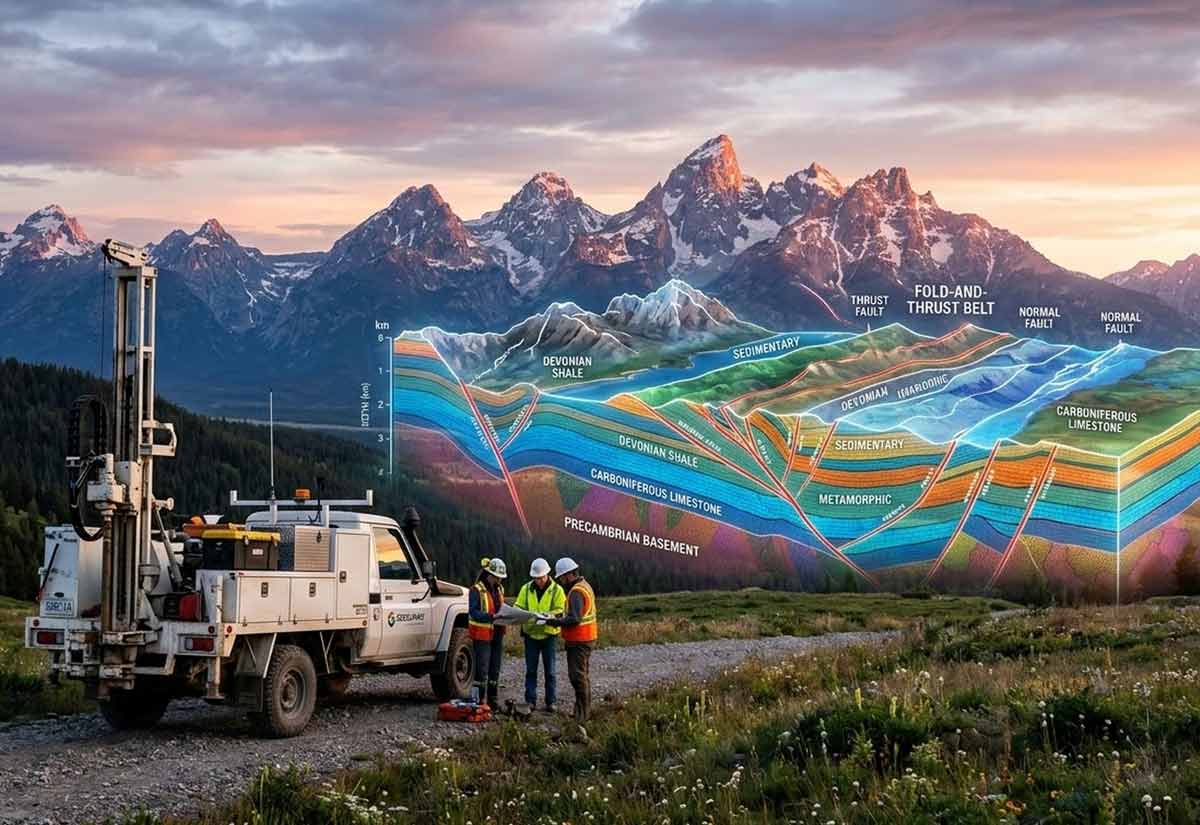 Advanced satellite telemetry mapping subsurface geological formations for an industrial site.