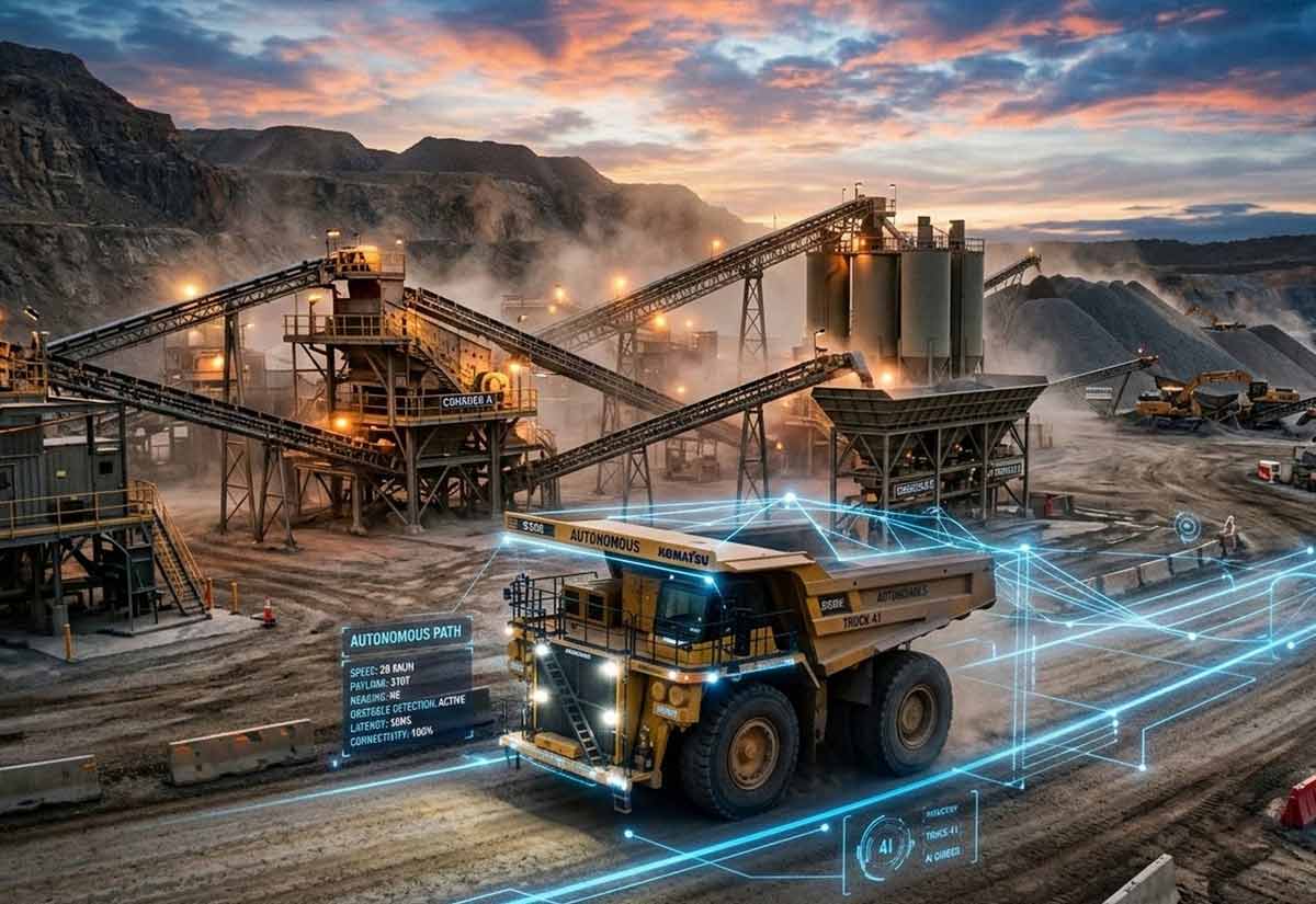 Industrial AI 2026 systems optimizing autonomous haulage and aggregate processing on a modern, high-productivity mine site.
