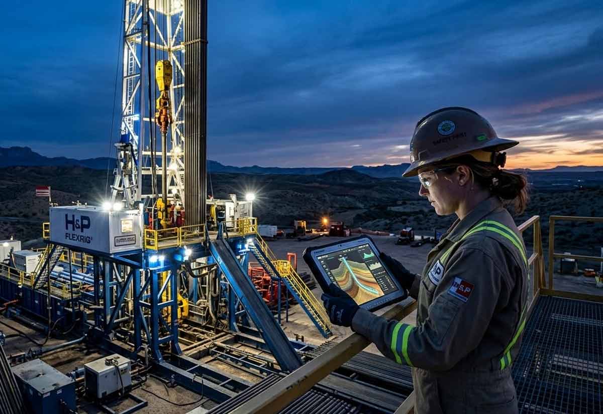 Modern automated drilling rig in a US shale basin representing advanced energy technology.