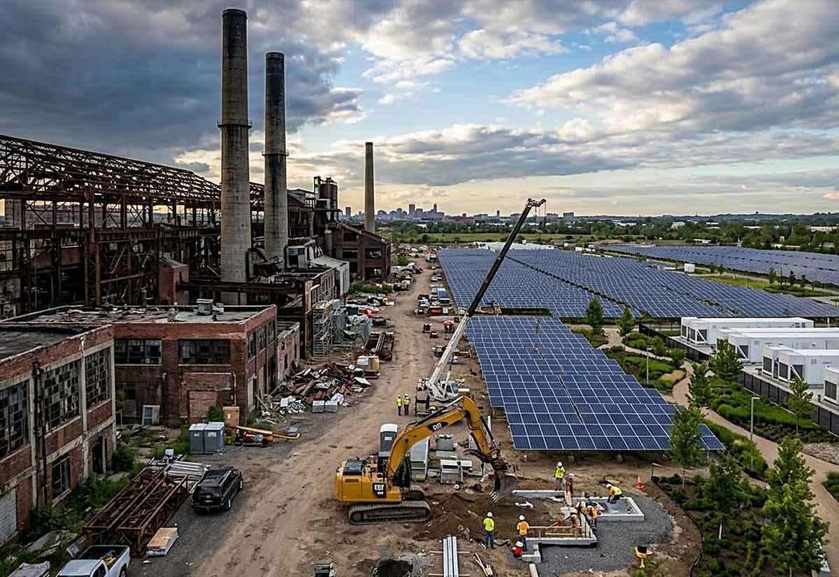 Massive industrial brownfield site being reclaimed for modern manufacturing and data center use.