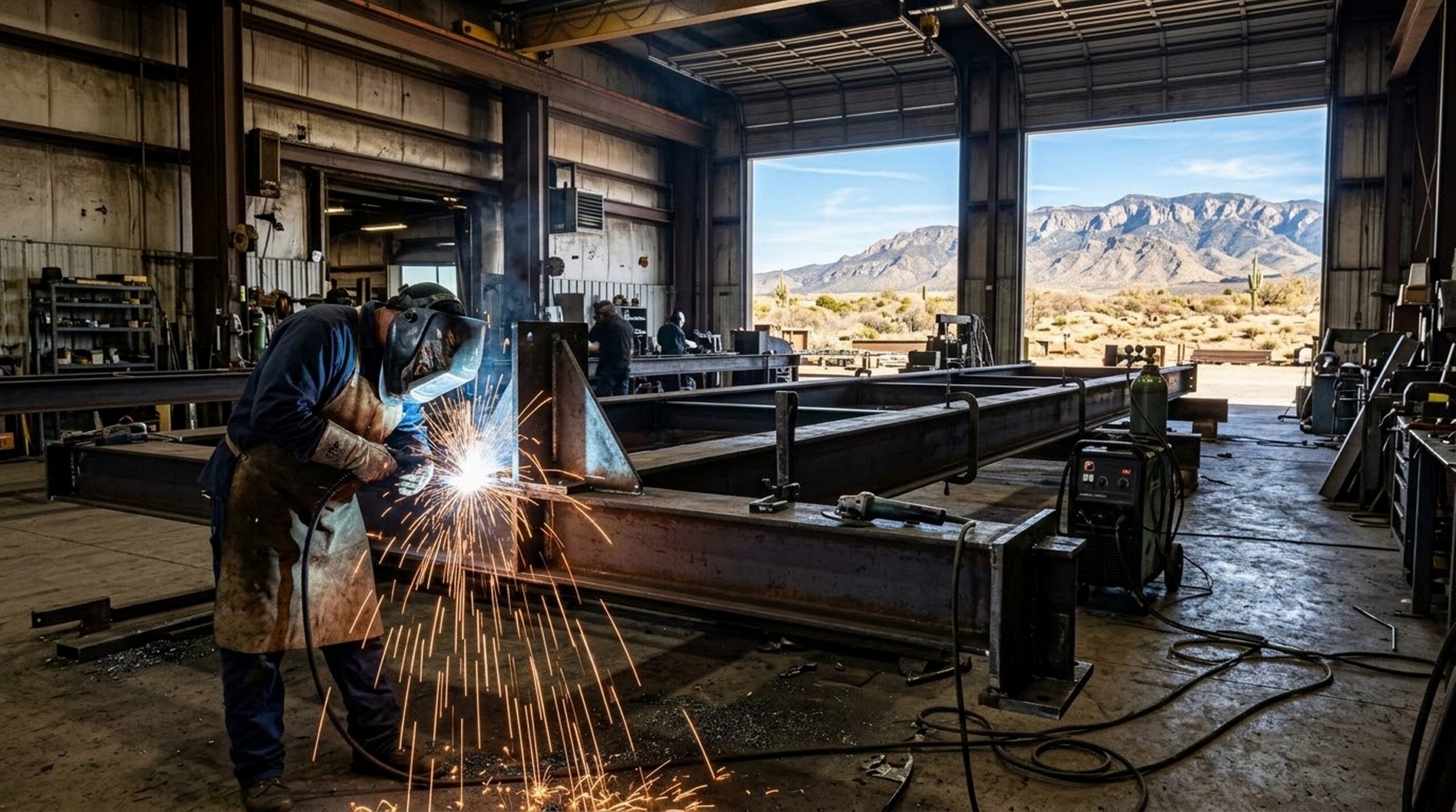 Heavy industrial manufacturing facility in New Mexico specializing in structural metal fabrication under a clear desert sky.
