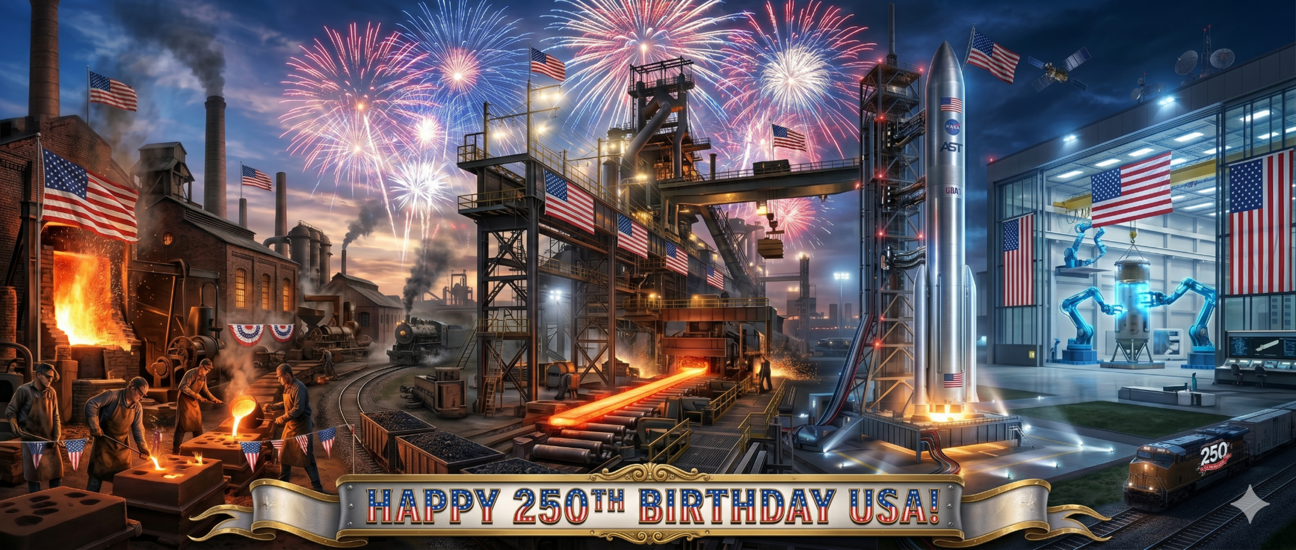 Comprehensive visual concept tracing 250 Years of American Grit from 19th-century iron foundries to high-tech Industry 5.0 aerospace facilities.