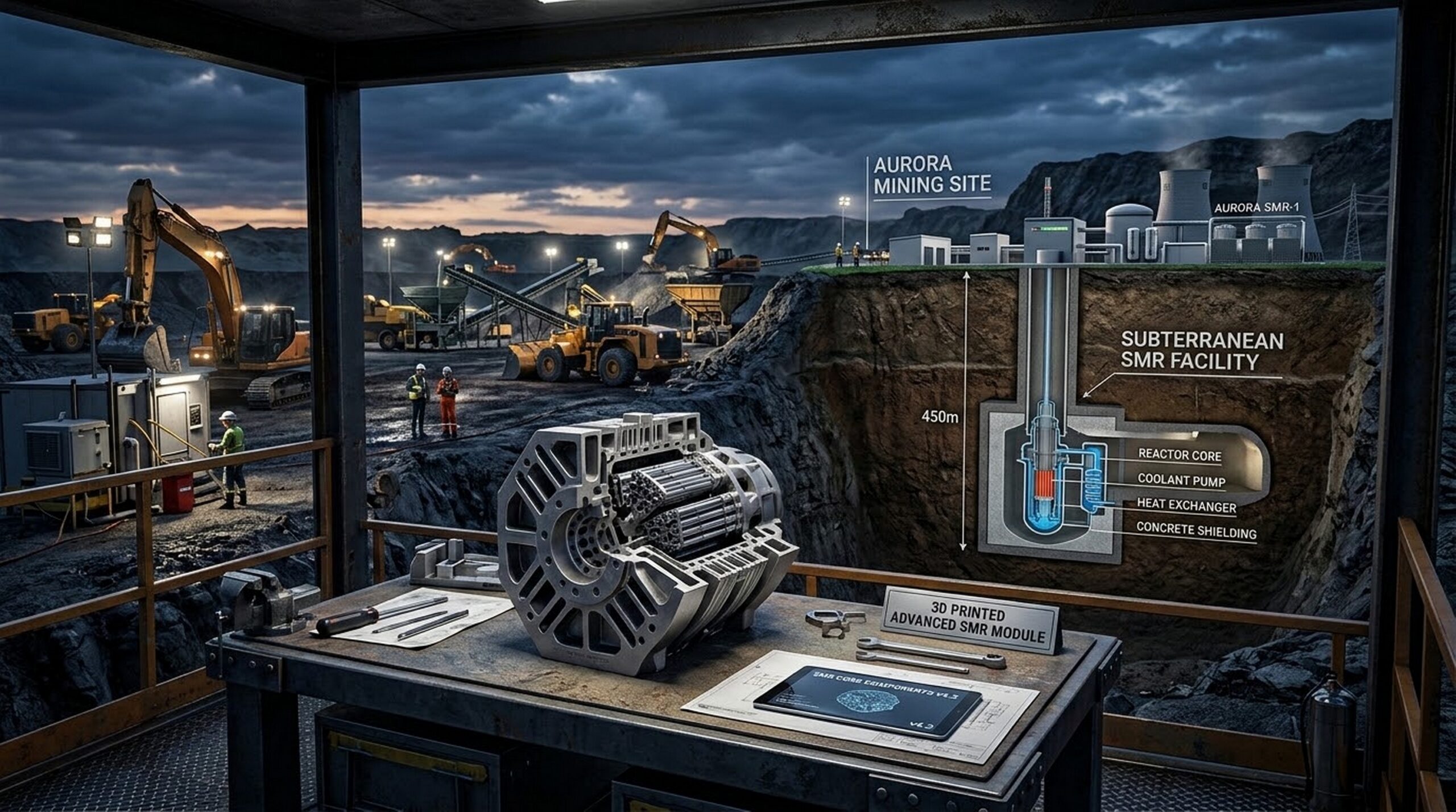 A 3D-printed metal reactor component in the foreground with a conceptual subterranean borehole nuclear reactor facility in the background.