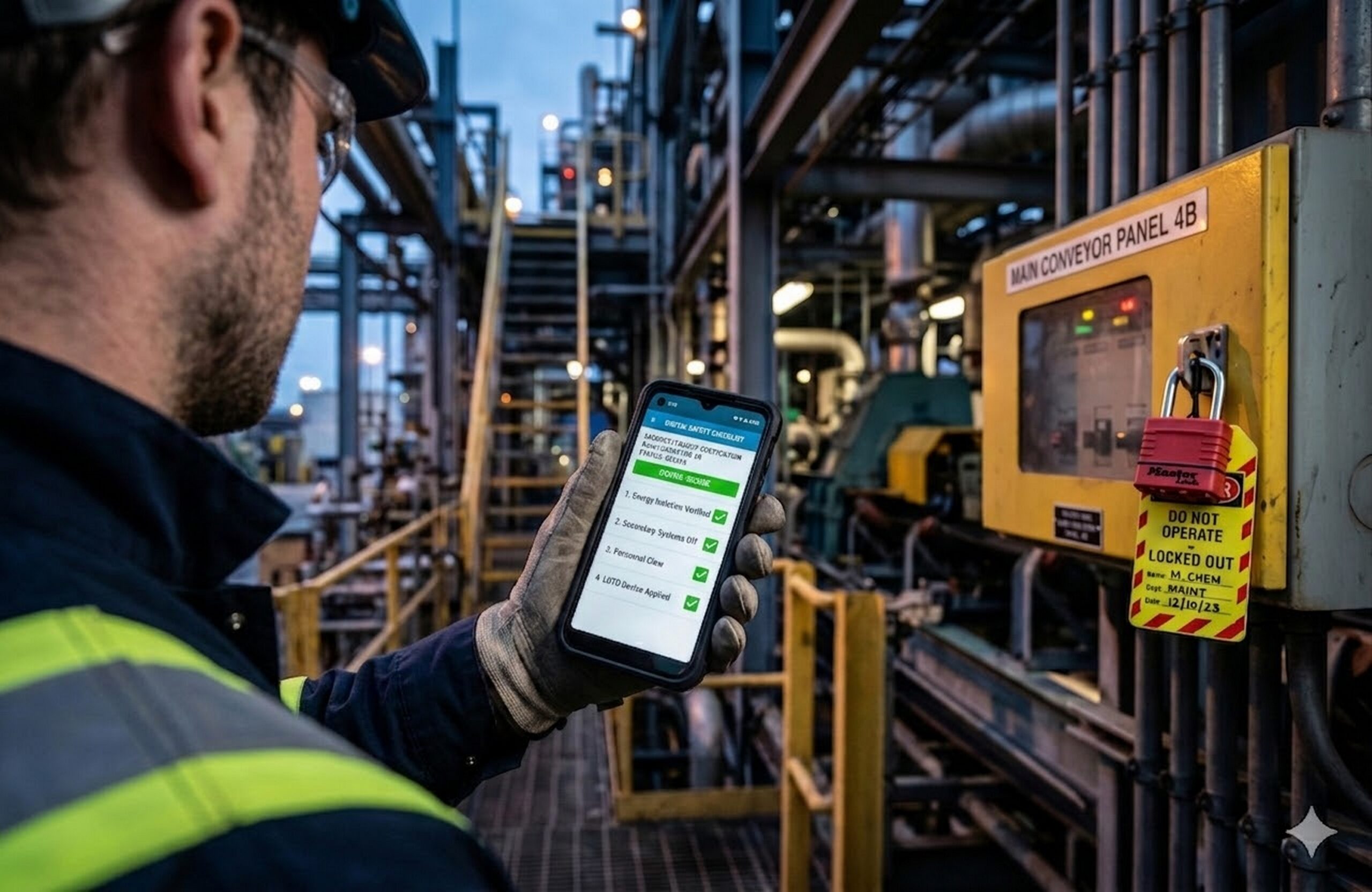 A close-up shot of an industrial worker using a mobile digital lockout tagout software application to verify asset isolation next to a physical machinery safety lock.