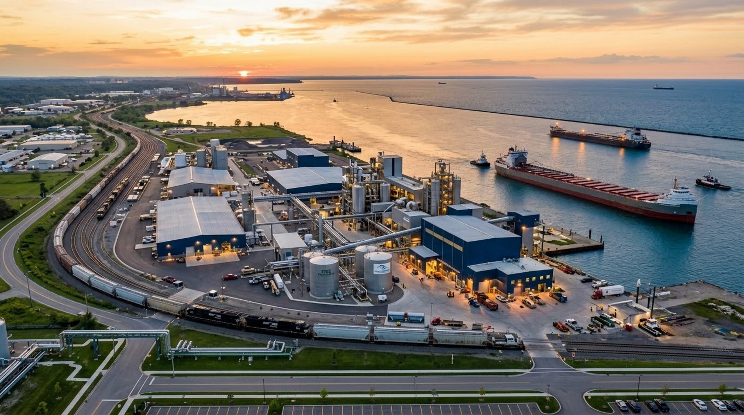 Aerial view of industrial graphite processing facility on the shores of Lake Erie, representing the return of domestic U.S. mineral supply chains.