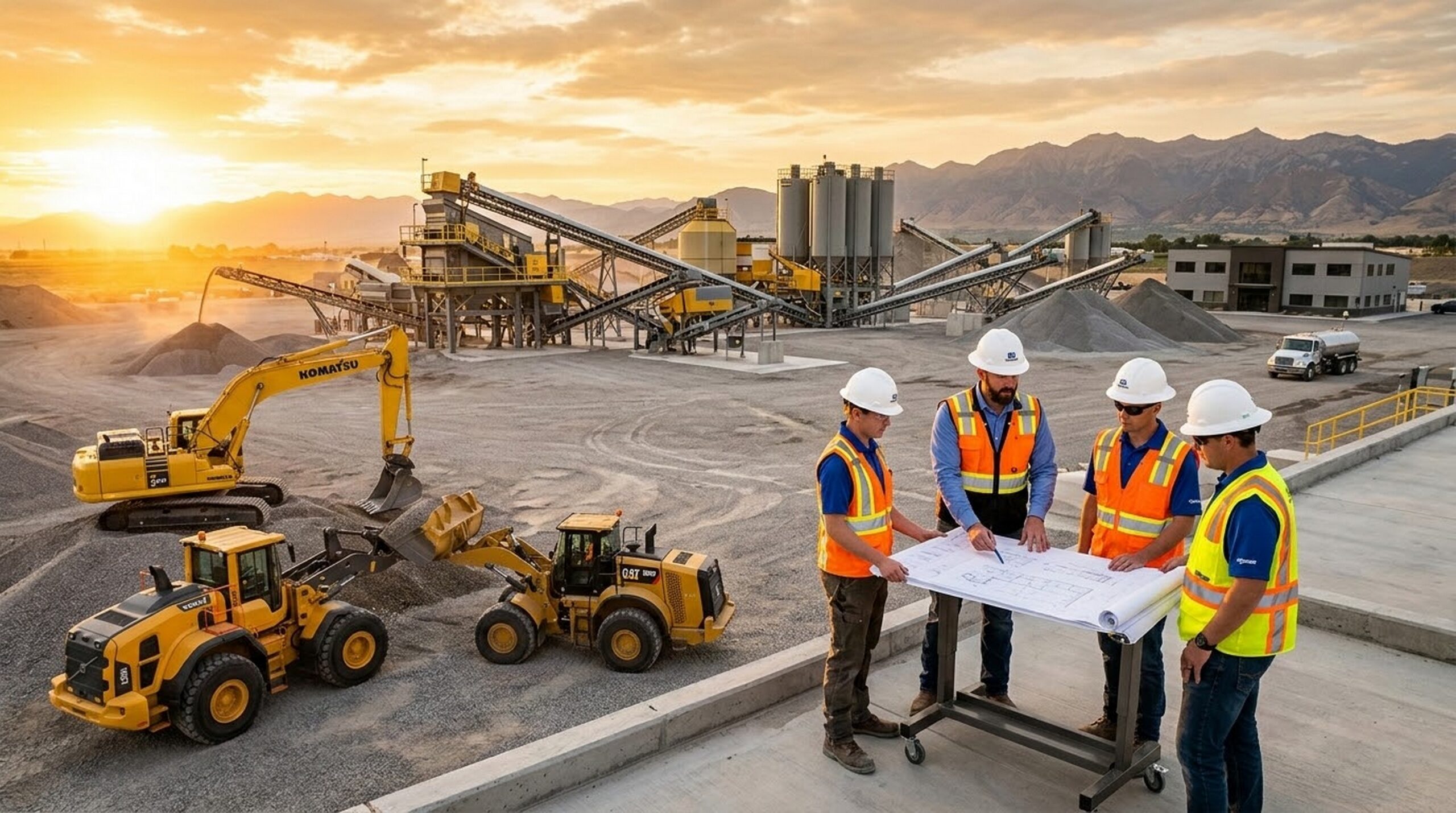 Modern heavy industry aggregates facility featuring crushing machinery and technical engineering professionals optimizing site operations.