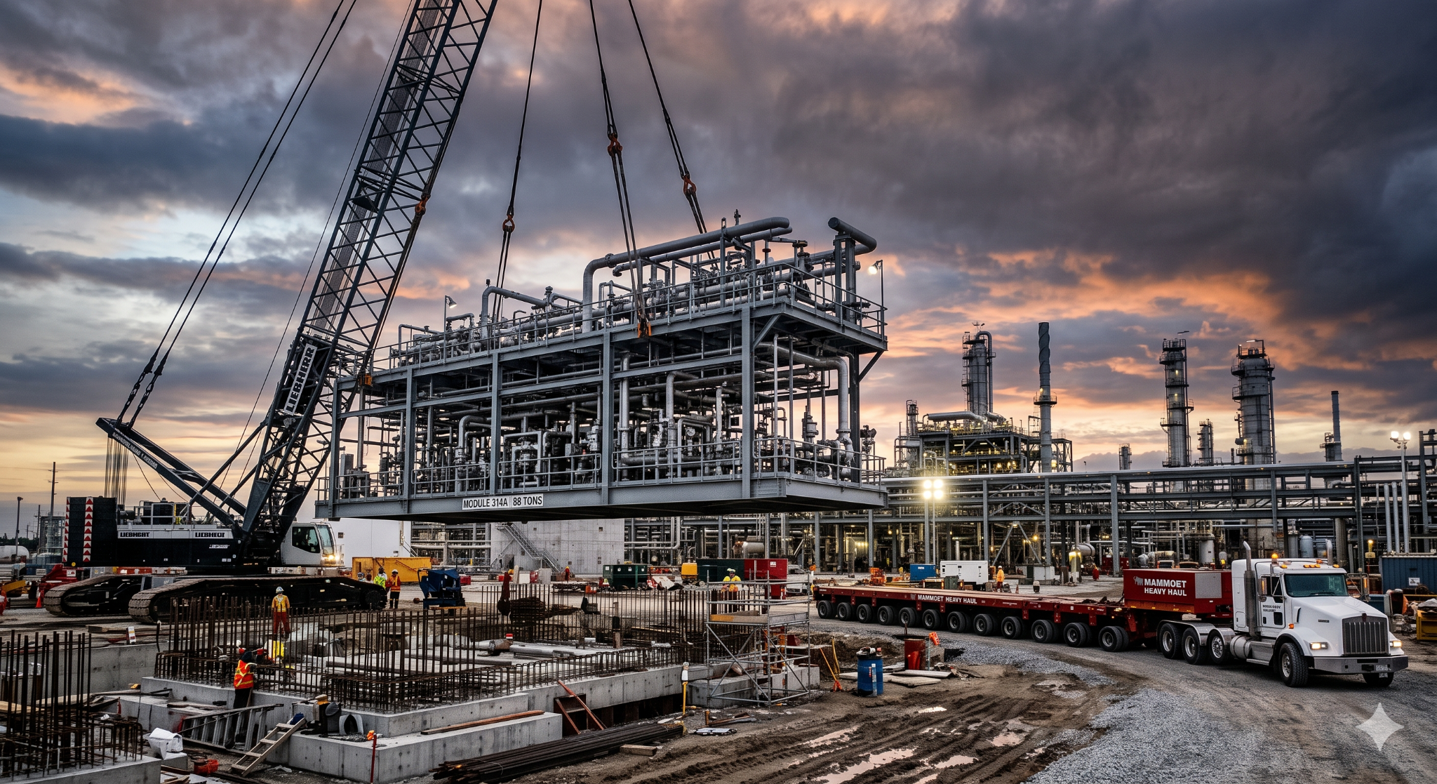 Managing complex modular construction risk management during the critical field assembly and crane lifting phase of an industrial facility build.