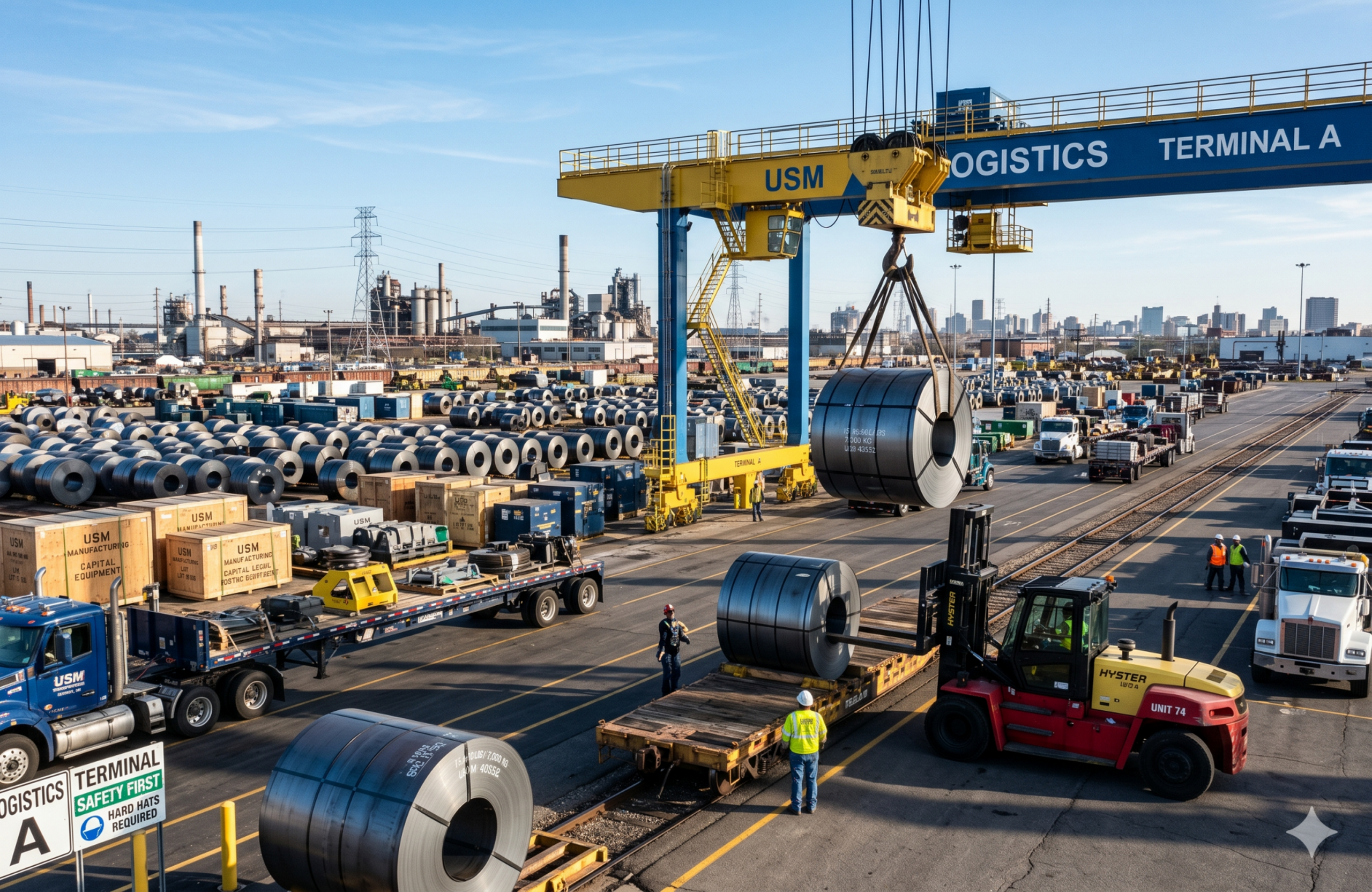 Heavy machinery components and raw industrial materials being loaded in a highly automated U.S. manufacturing logistics hub.
