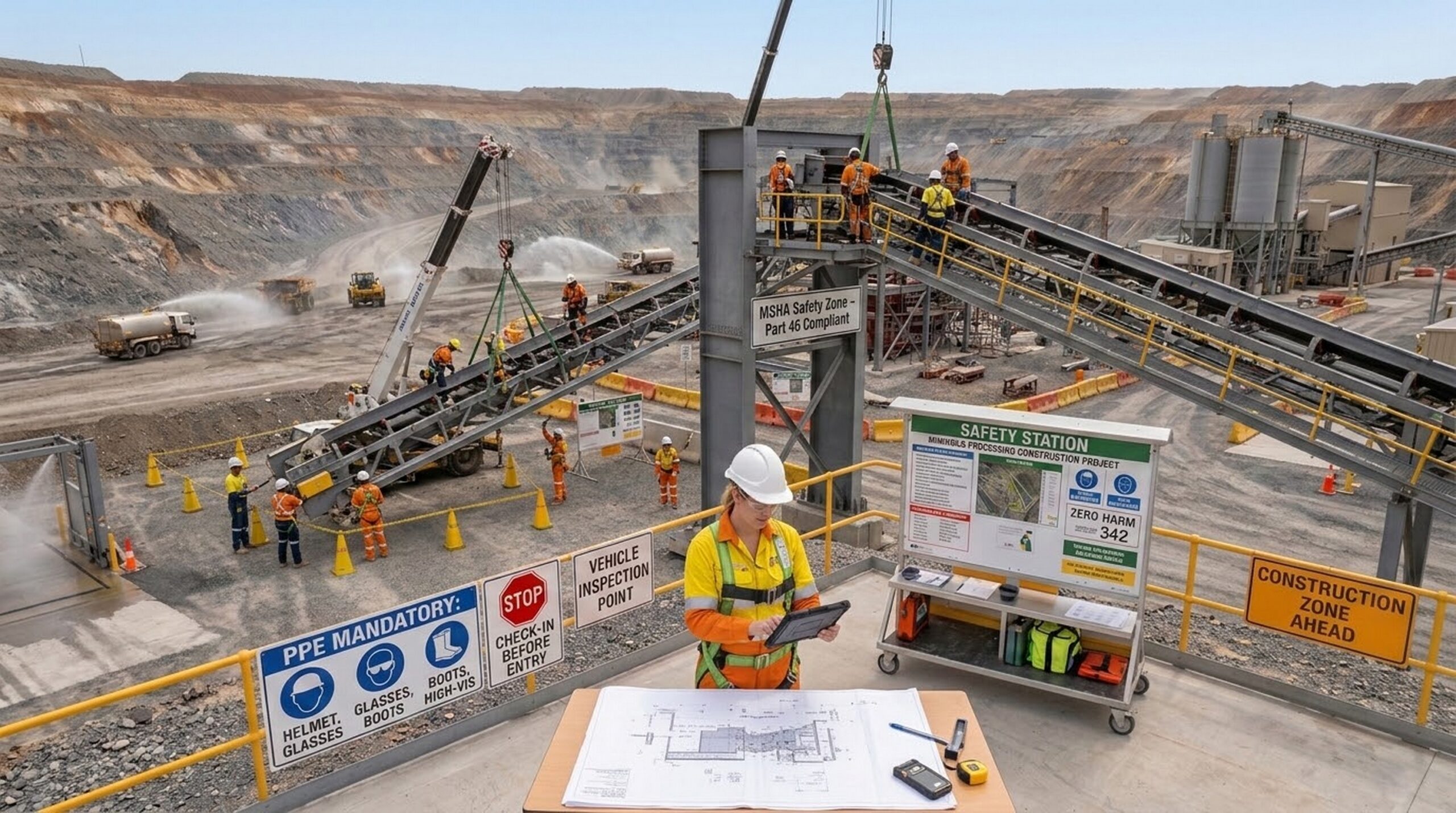 An engineering project manager reviewing blueprints on-site during a major plant expansion at a surface stone processing facility under strict MSHA safety compliance guidelines.