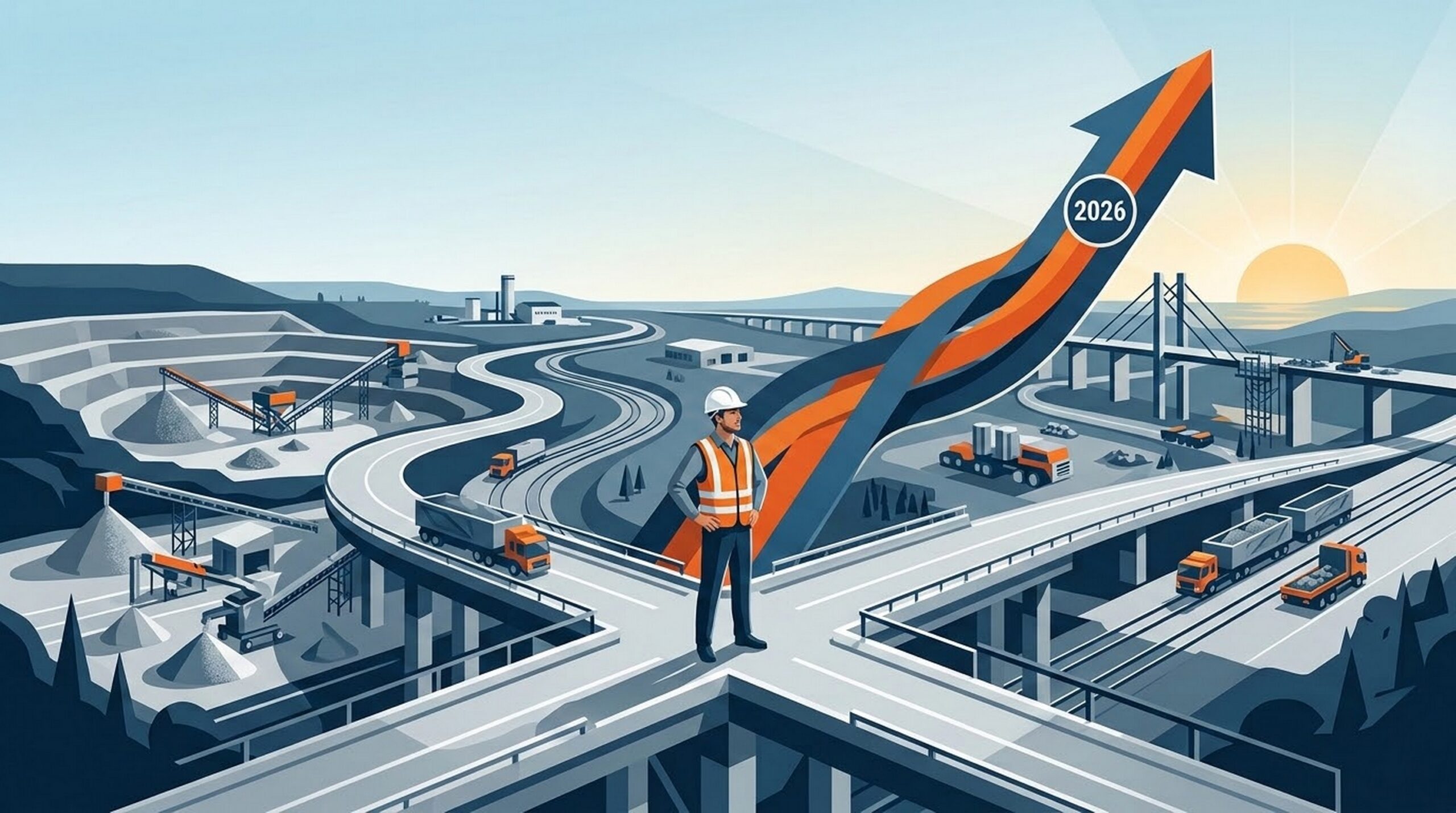 An upward-trending economic arrow framing an industrial engineering manager looking out over a booming infrastructure and aggregate production plant, symbolizing a strategic career change in heavy industry.