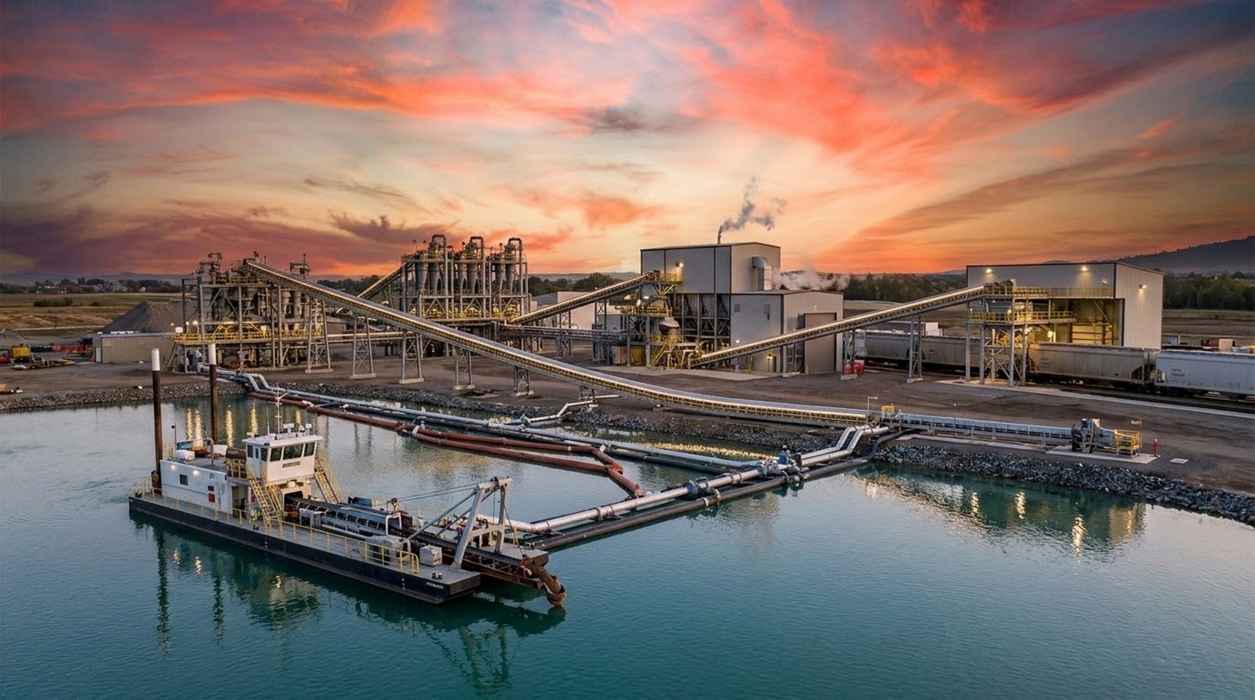 A comprehensive, modern industrial mineral processing plant showcasing automated barge dredging, wet processing classification towers, high-efficiency dryers, and a bulk railcar loadout facility under a dramatic sunset sky.