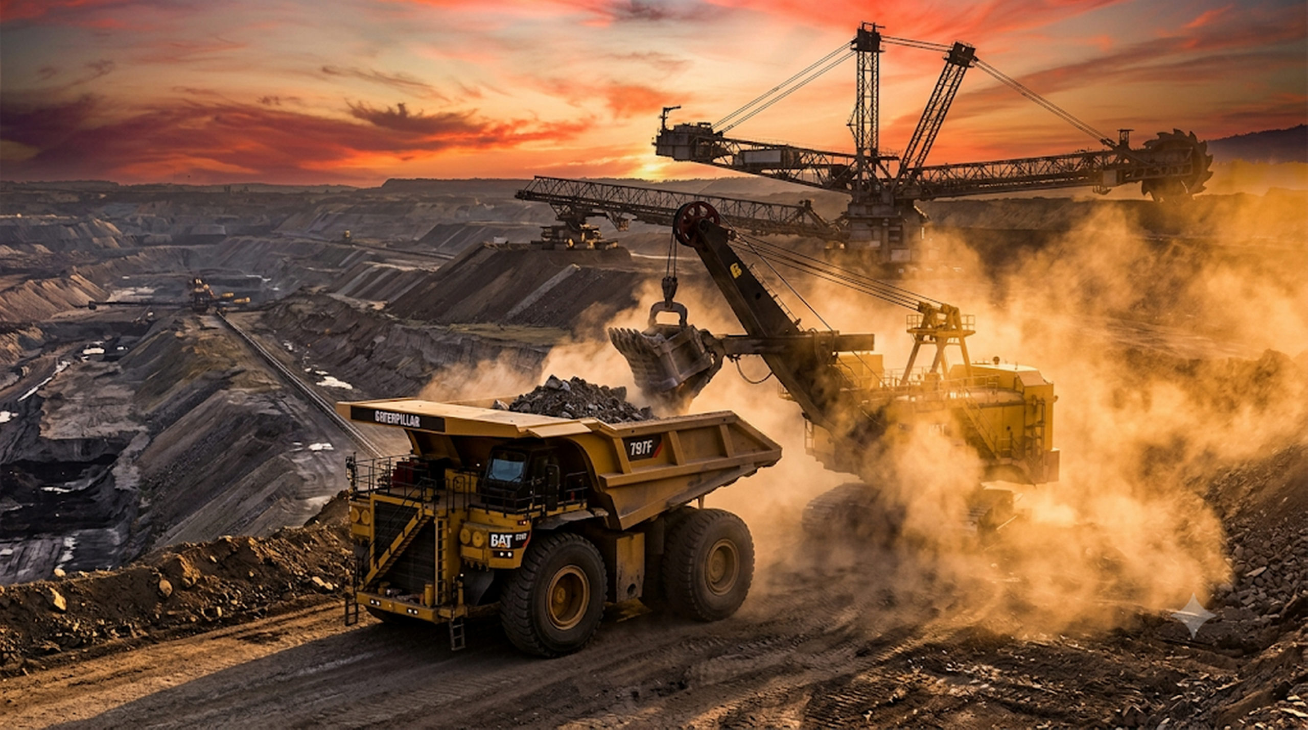 The world's largest mining machines operating in an open-pit mine at sunset, featuring an ultra-class haul truck and a massive hydraulic mining shovel moving earth.
