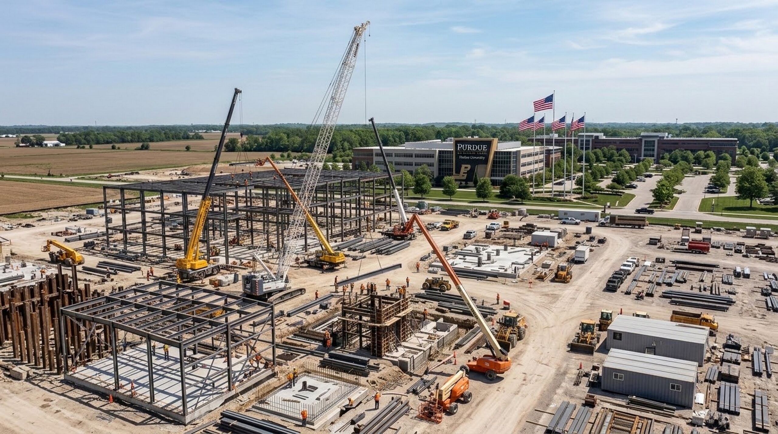 Vertical construction phase of the $3.87 billion SK Hynix advanced semiconductor packaging facility at Purdue Research Park in West Lafayette, Indiana.