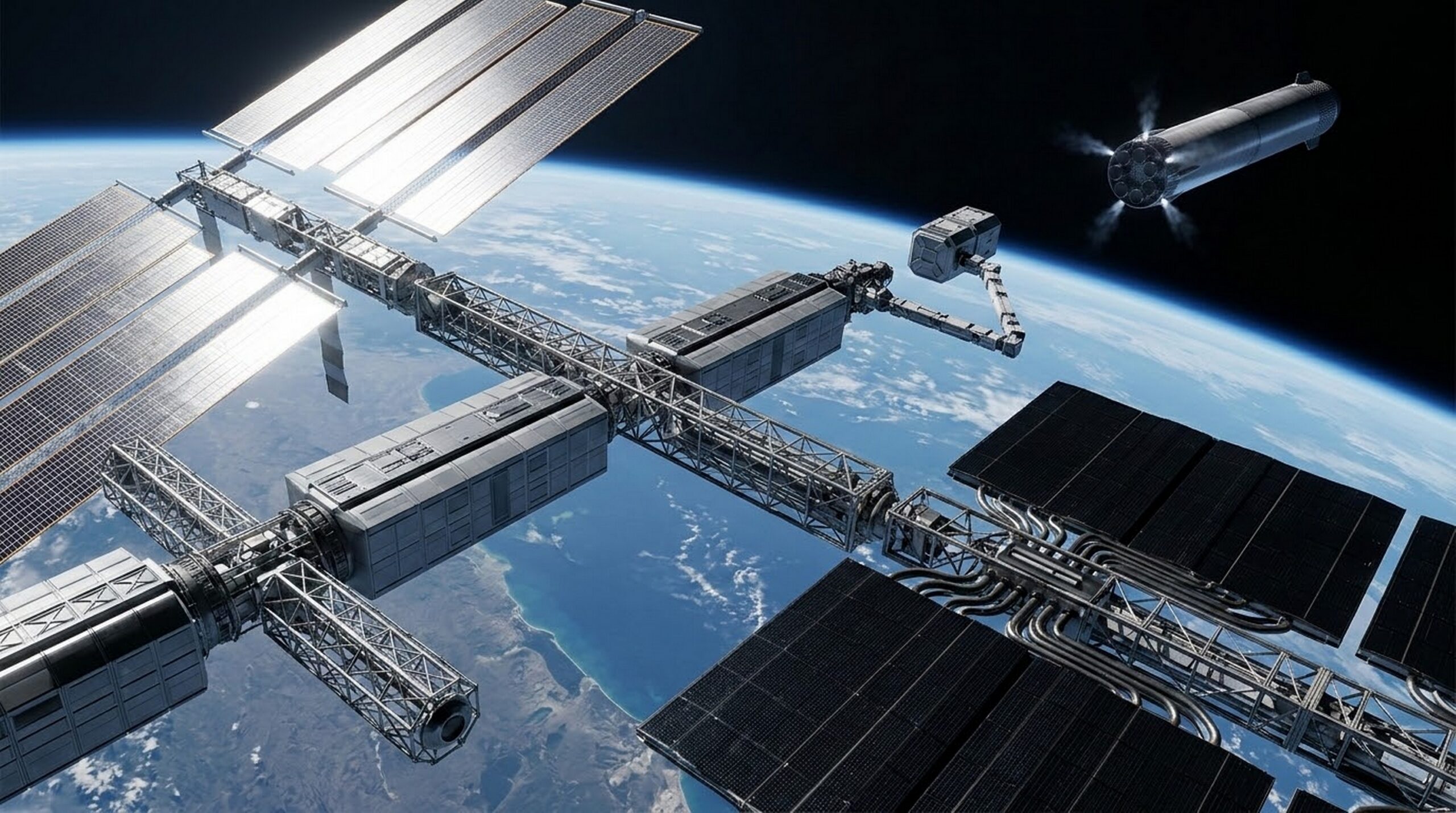 A modular space-based AI data center featuring vast solar arrays and thermal radiator panels in low-Earth orbit.