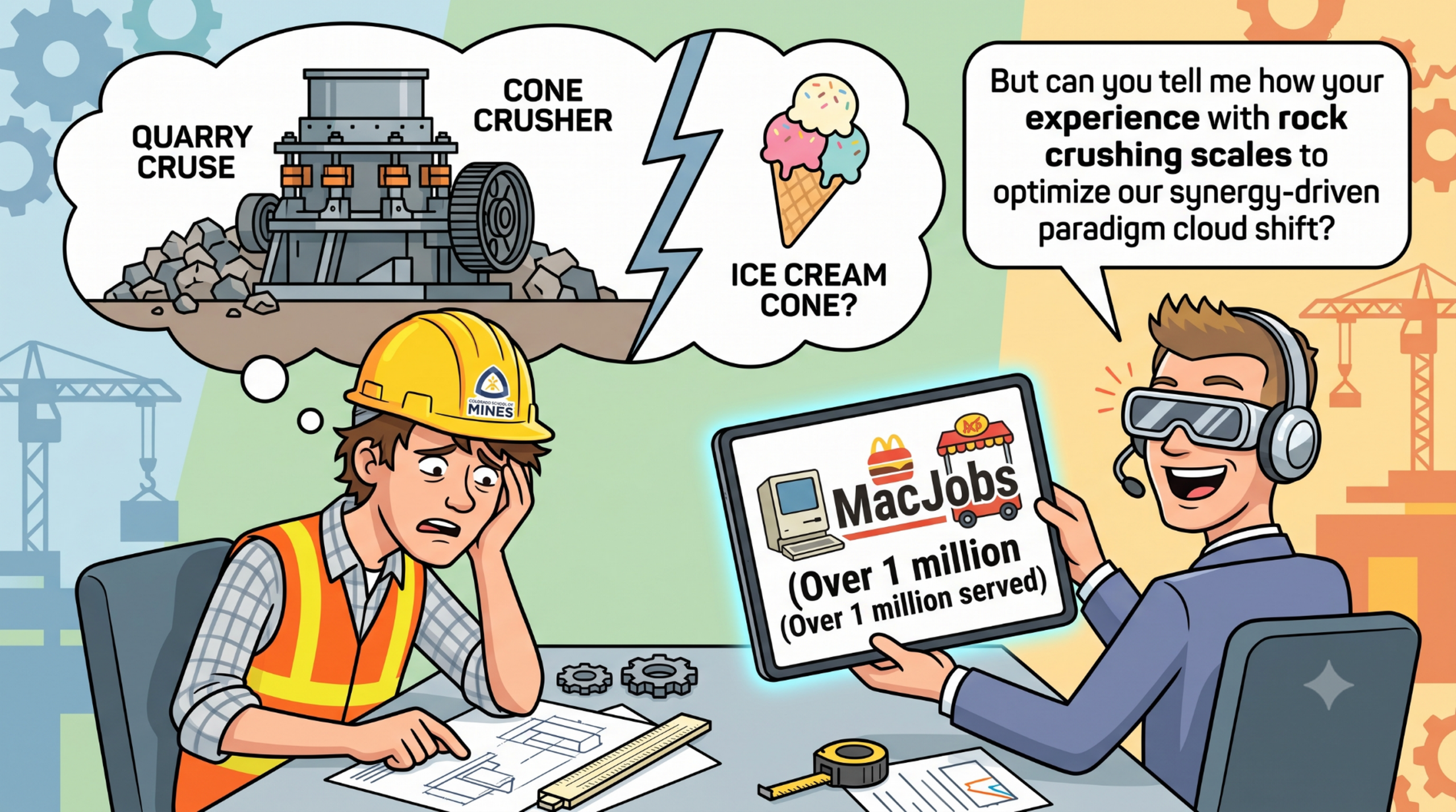 A humorous vector illustration titled "Crushed by the Amateurs," showing a young mining engineer in a safety vest and hard hat looking exasperated at his desk while a clueless, generic corporate recruiter happily points to an Excel spreadsheet on a tablet. A thought bubble contrasts a massive industrial aggregate cone crusher with a literal waffle ice cream cone, poking fun at the lack of specialized recruiting knowledge in heavy industry.