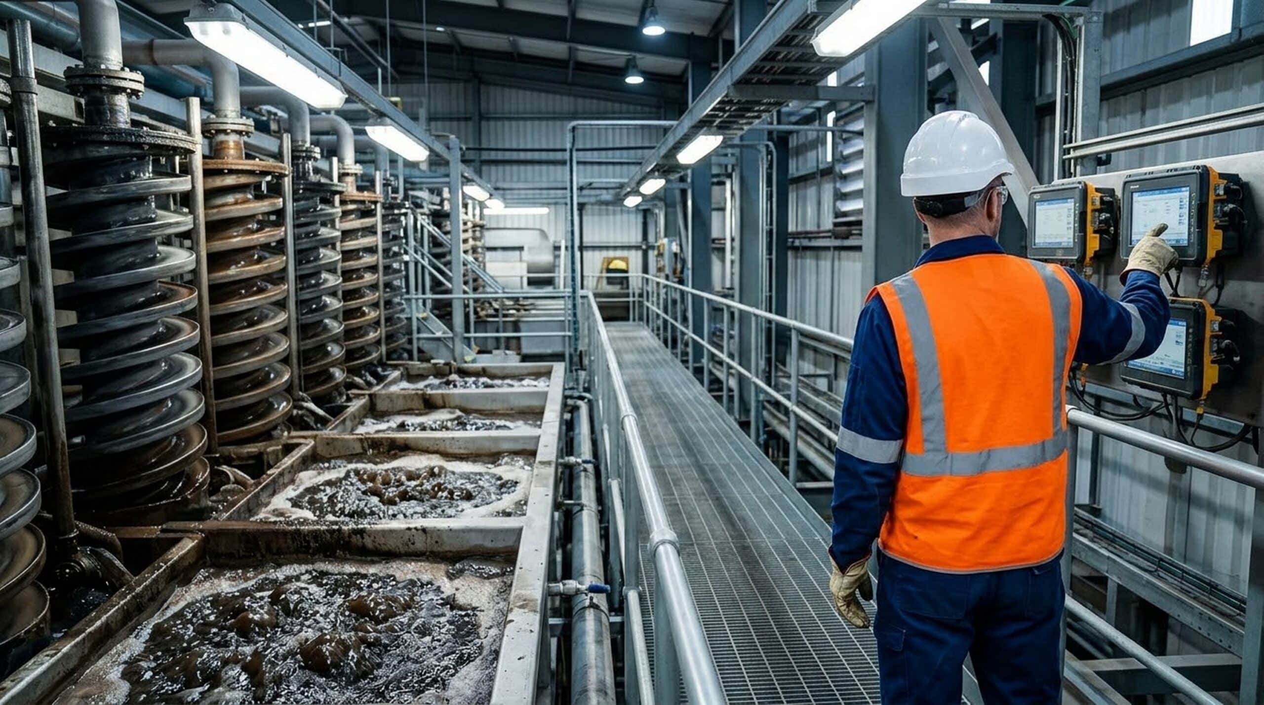 Industrial froth flotation cells and gravity separation spiral concentrators operating inside an active mineral processing facility.