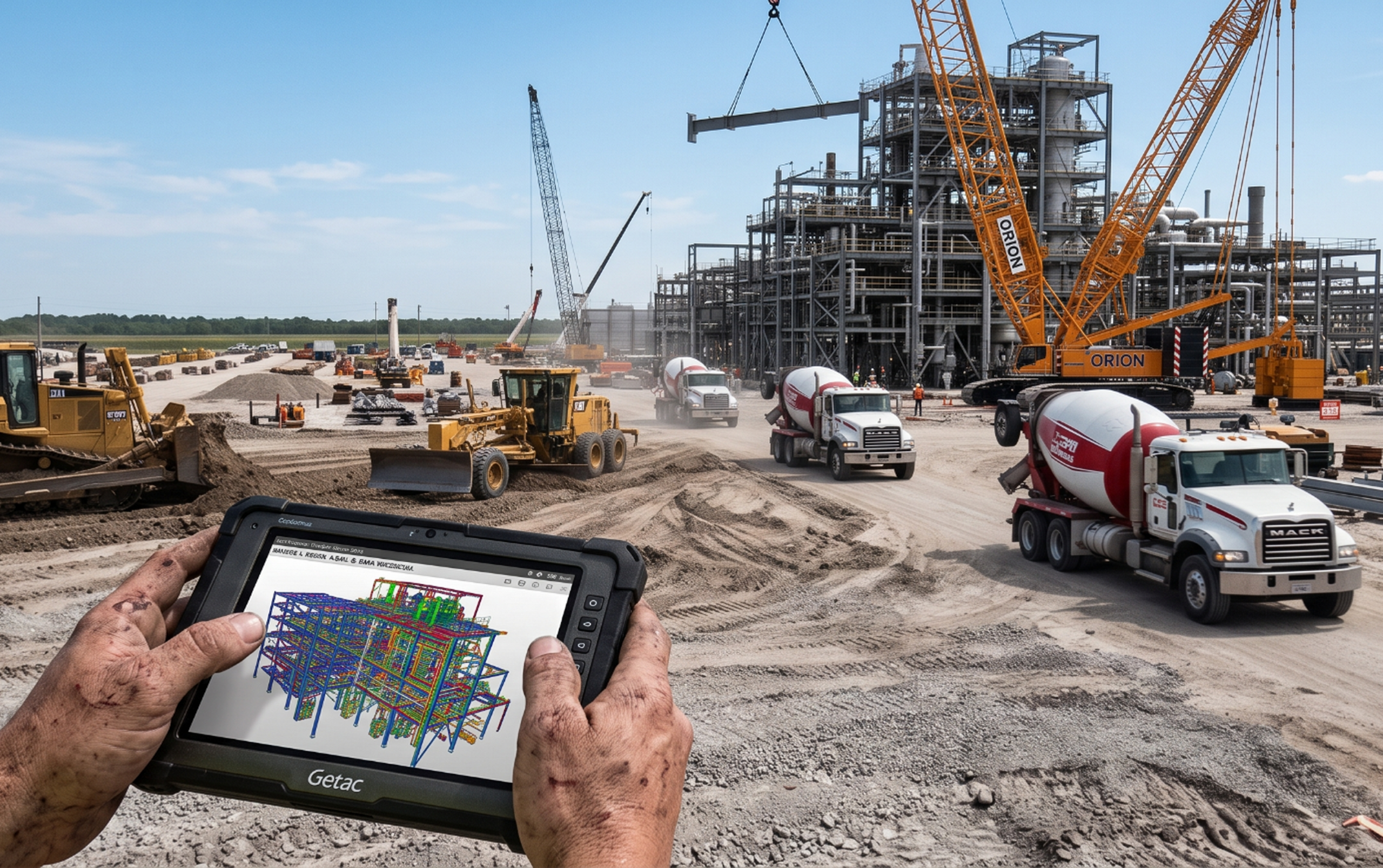 An industrial construction superintendent inspecting structural steel installation and reviewing digital schematics on a jobsite.
