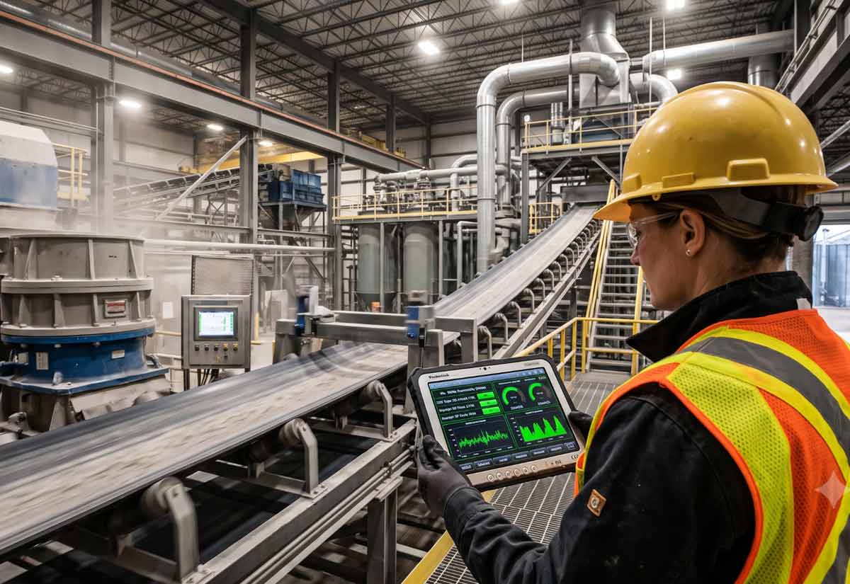 An industrial minerals operations manager reviewing real-time production metrics on a tablet inside a Wisconsin processing plant.