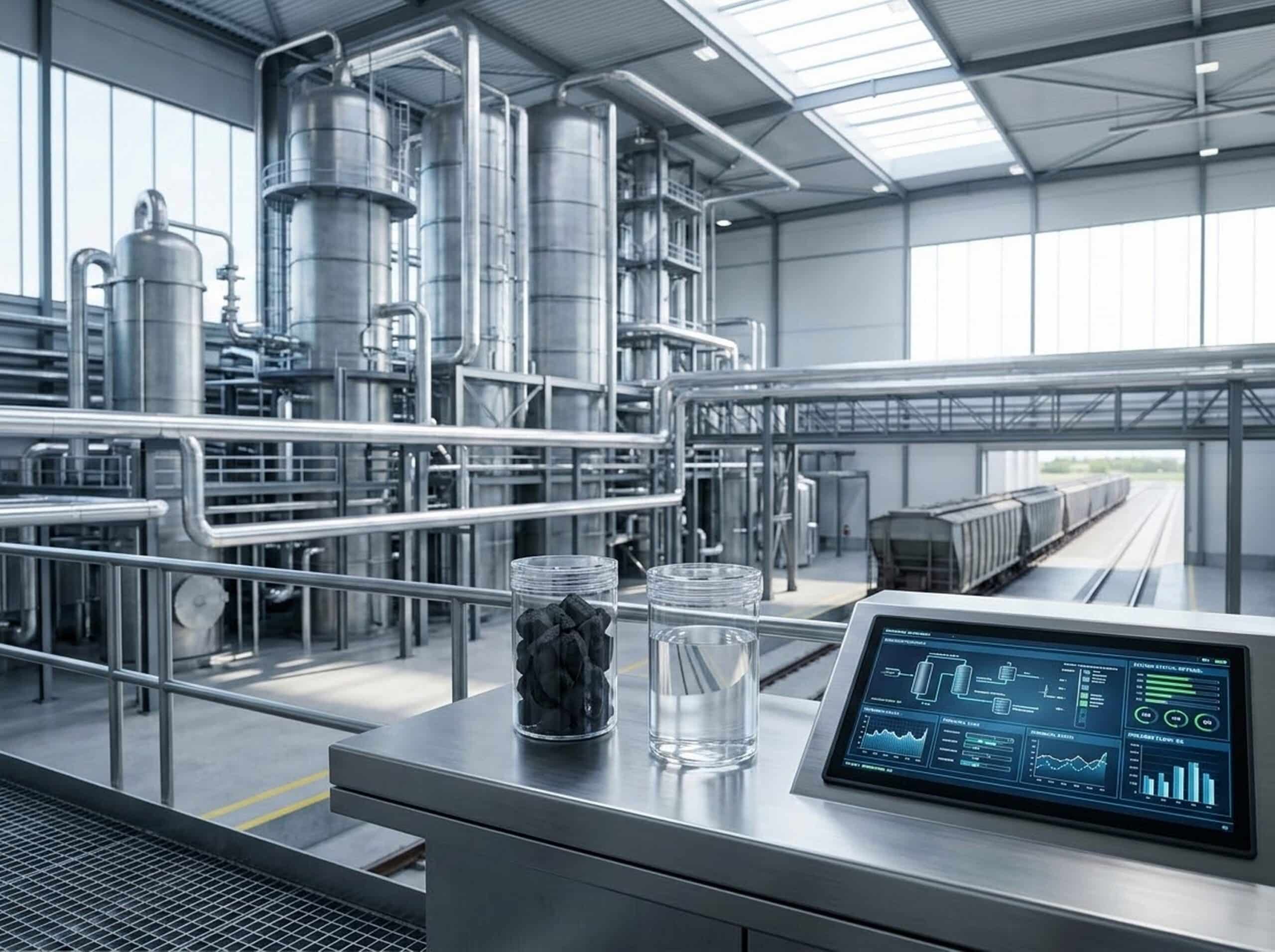 An advanced non-combustion thermal coal reformation facility with digital processing monitors and chemical refining towers.