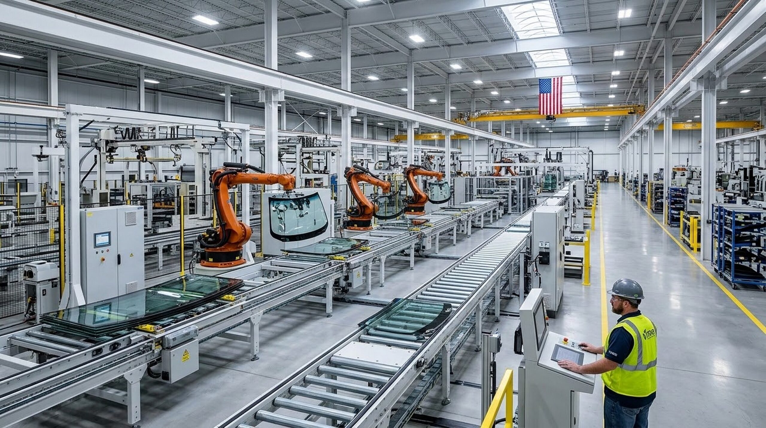 An over-the-shoulder view of an operations manager monitoring automated glass fabrication in an Ohio industrial manufacturing plant.
