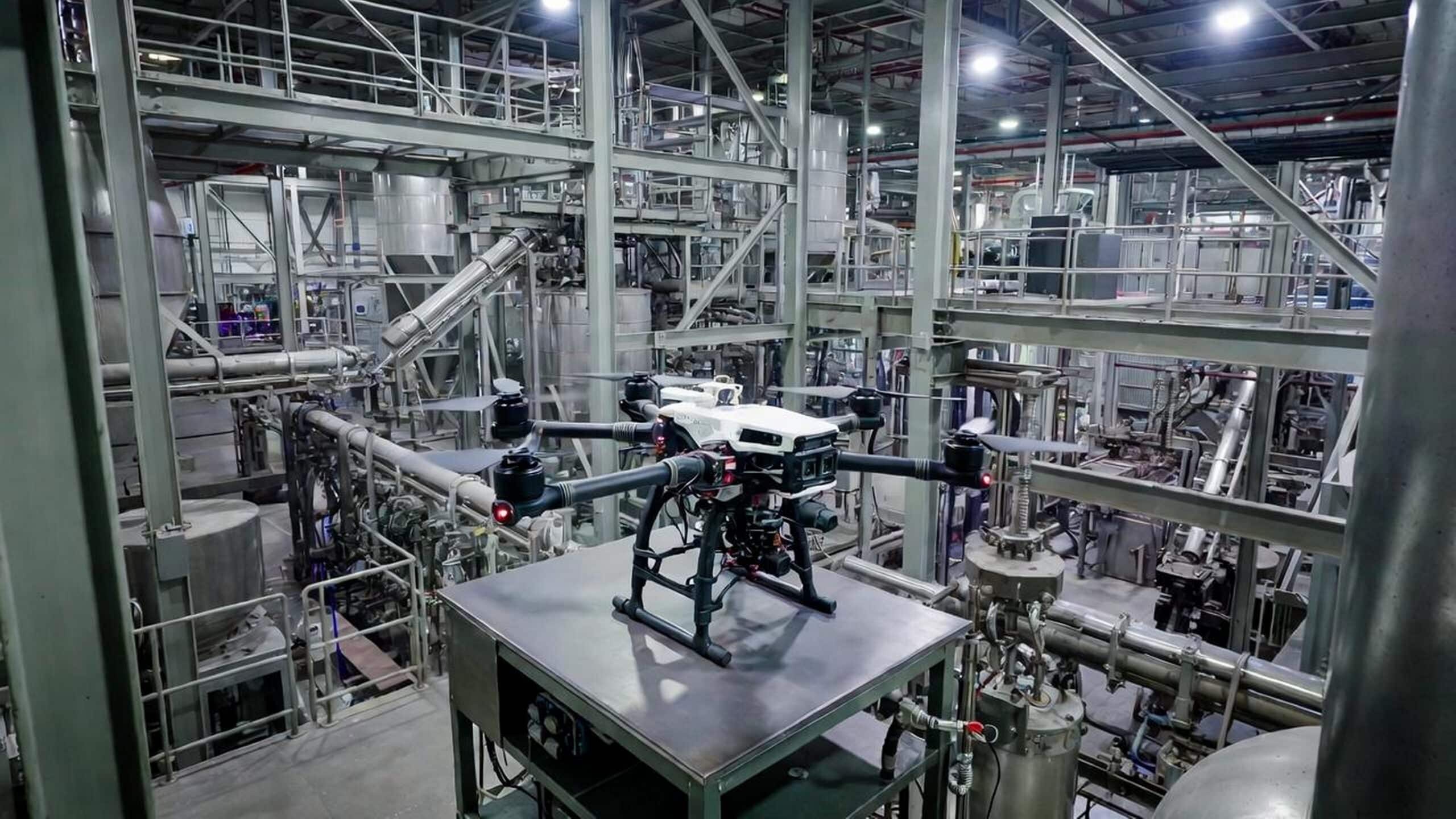 An industrial multirotor inspection drone equipped with an articulated robotic arm resting in a heavy industrial facility.