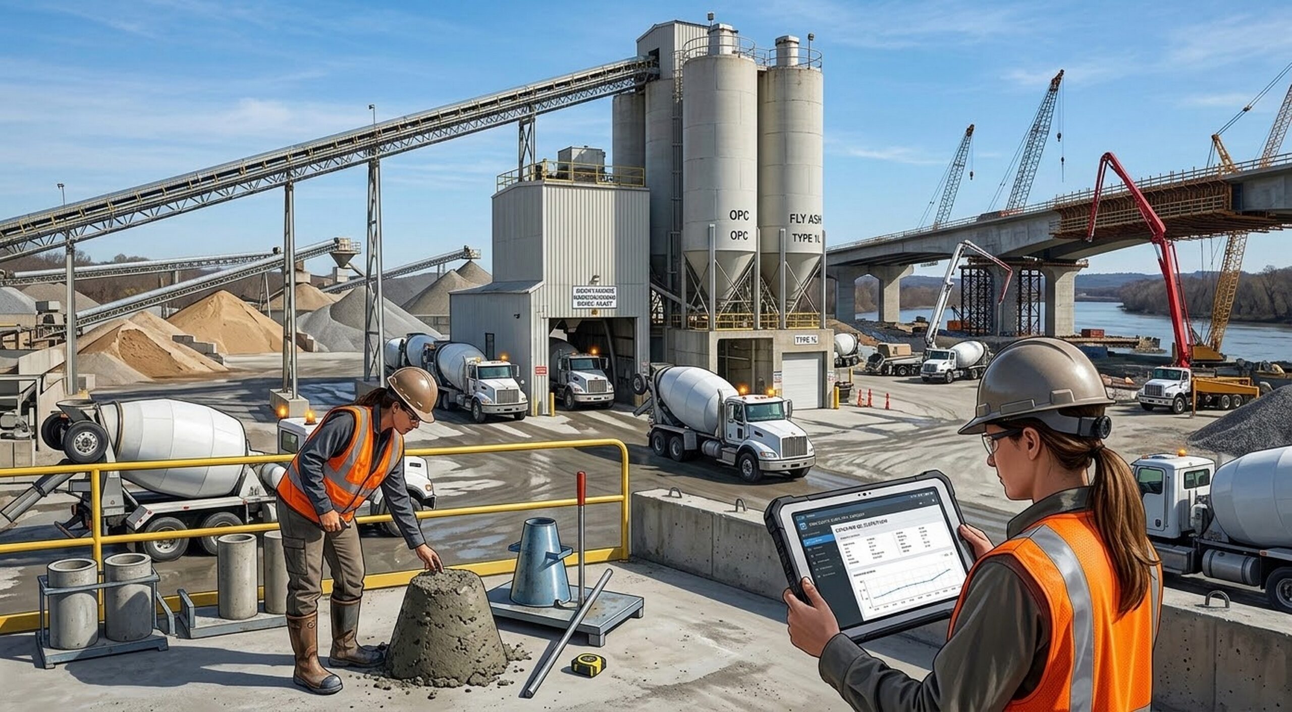A quality control engineer inspecting a concrete mix design near a high-volume batch plant for a highway infrastructure project.