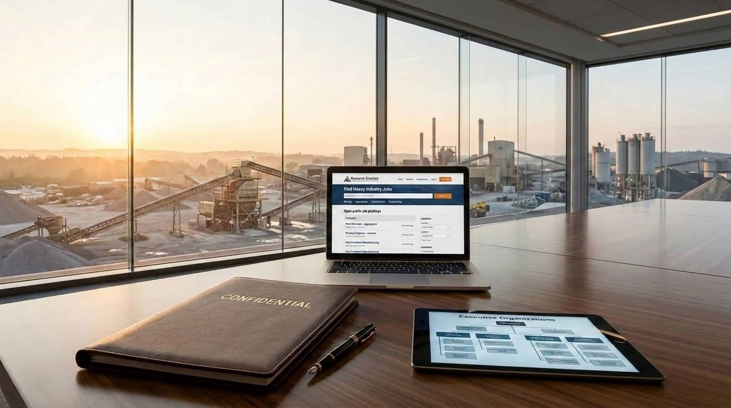 A confidential executive portfolio on a boardroom table overlooking an active heavy industry operations facility.
