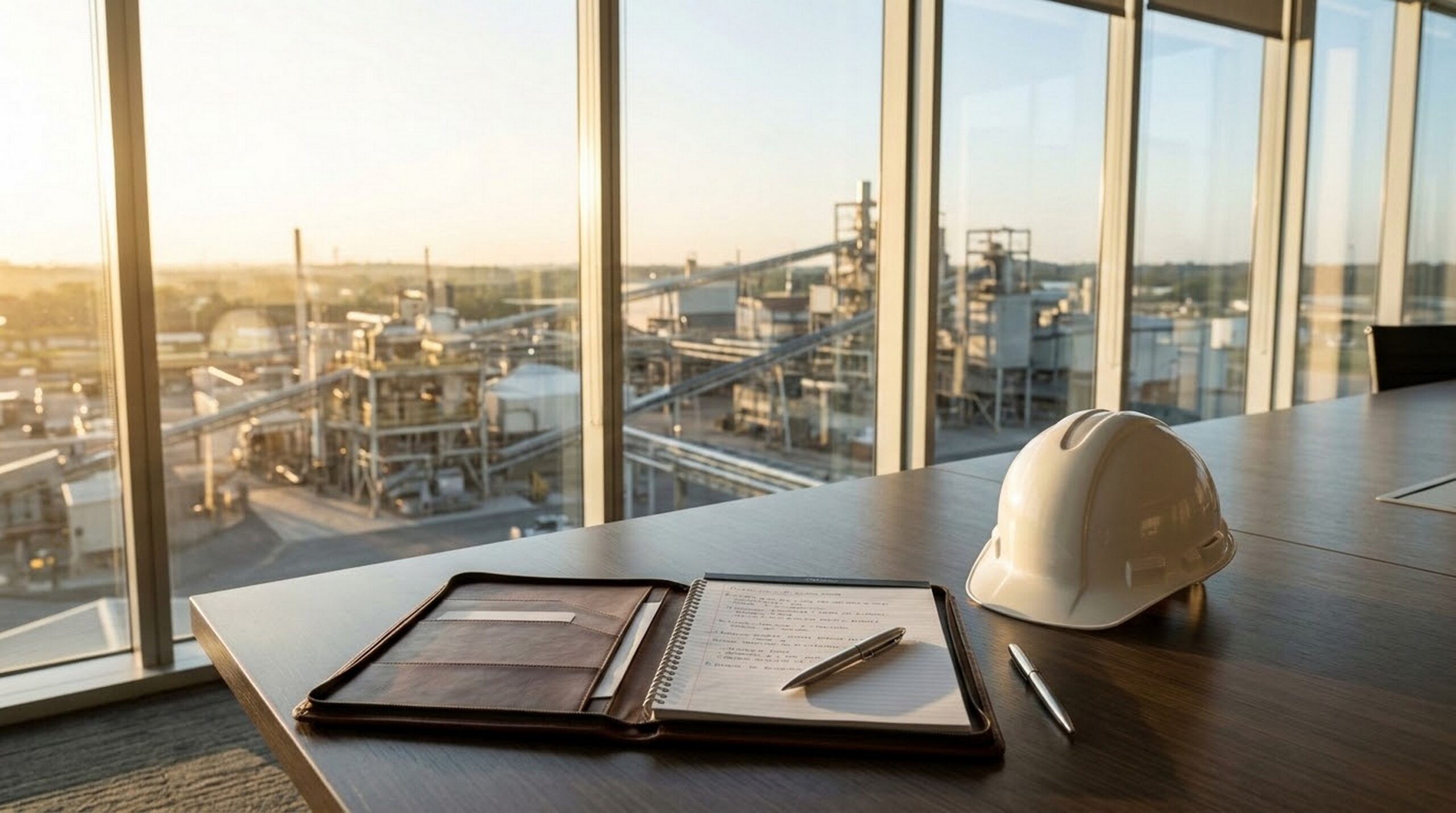 An executive industrial interview preparation setting with notes, a portfolio, and a hard hat on a conference table overlooking a plant.