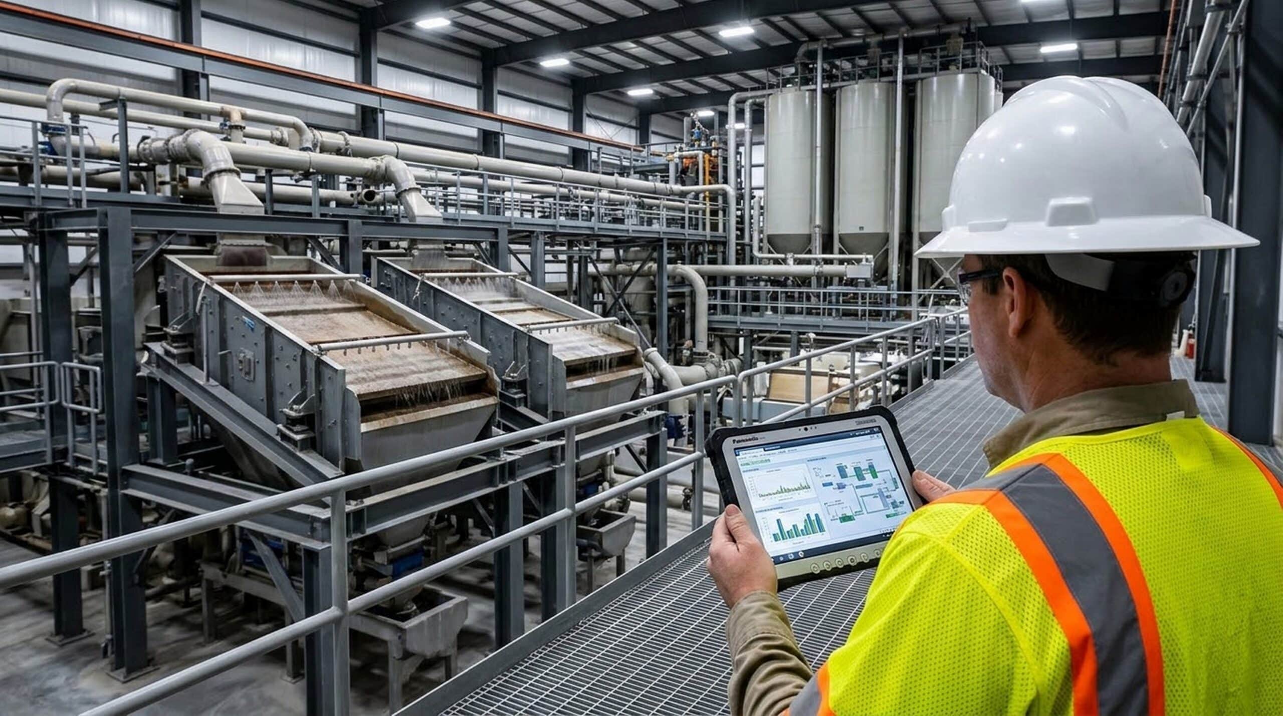 An over-the-shoulder view of an operations manager monitoring automated mineral processing circuits in a Wisconsin plant.