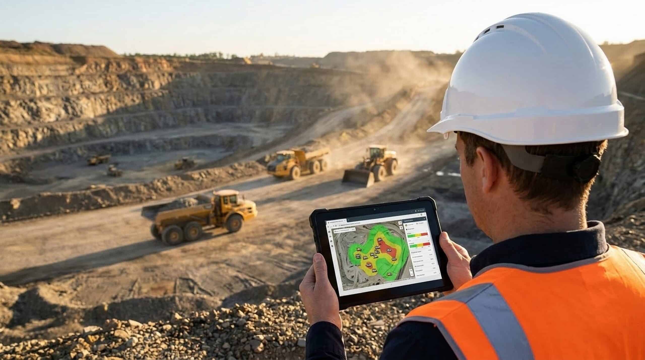 A view of an aggregate quarry superintendent monitoring connected fleet telematics on a digital tablet overlooking an active pit.