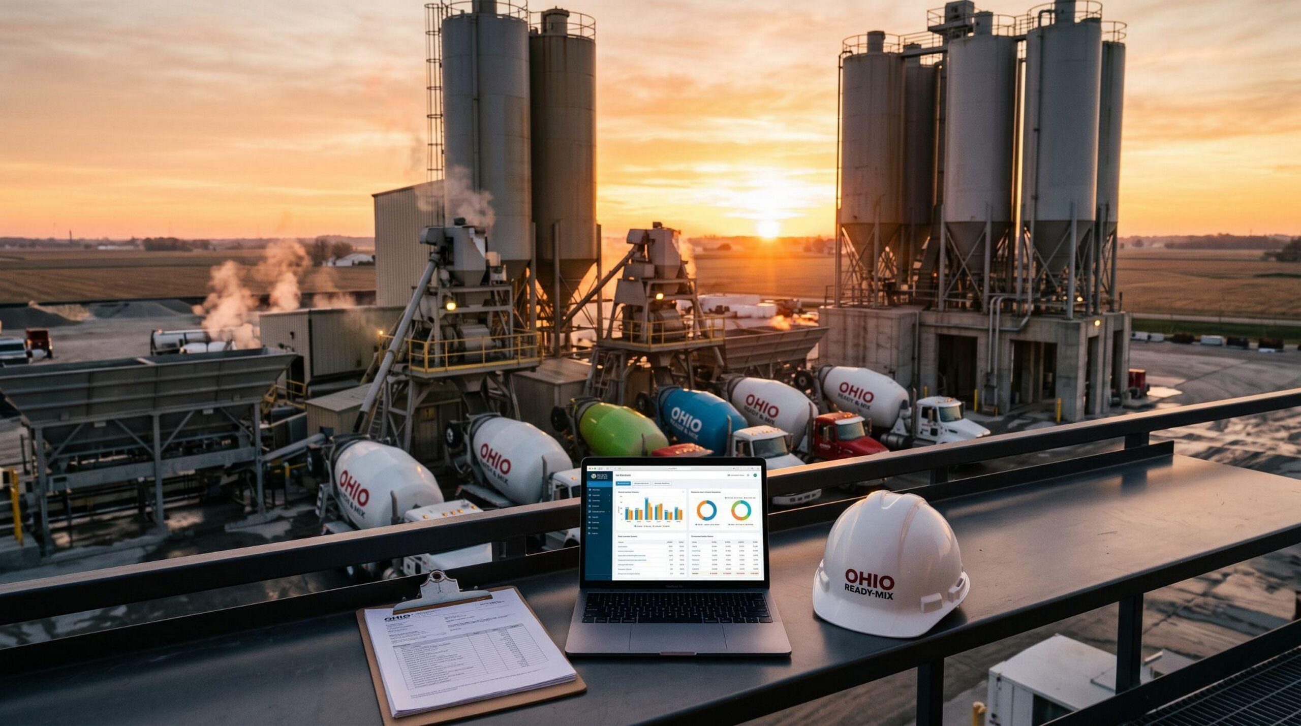 Executive operations desk overlooking an automated ready-mix concrete batching facility and fleet in Ohio.