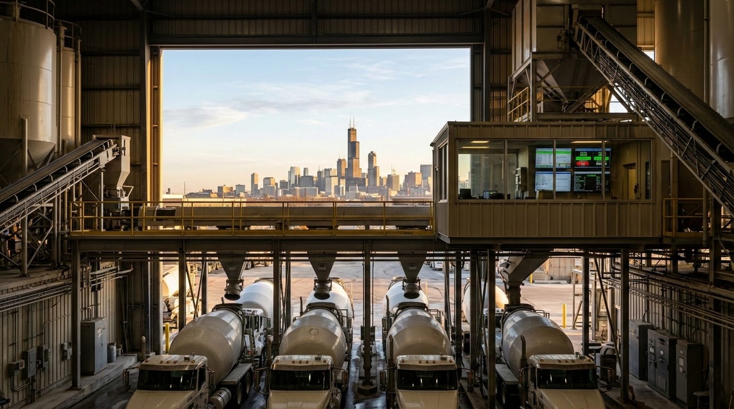 Fleet of commercial ready-mix concrete mixer trucks loading at an automated batch plant in the Chicagoland industrial corridor.