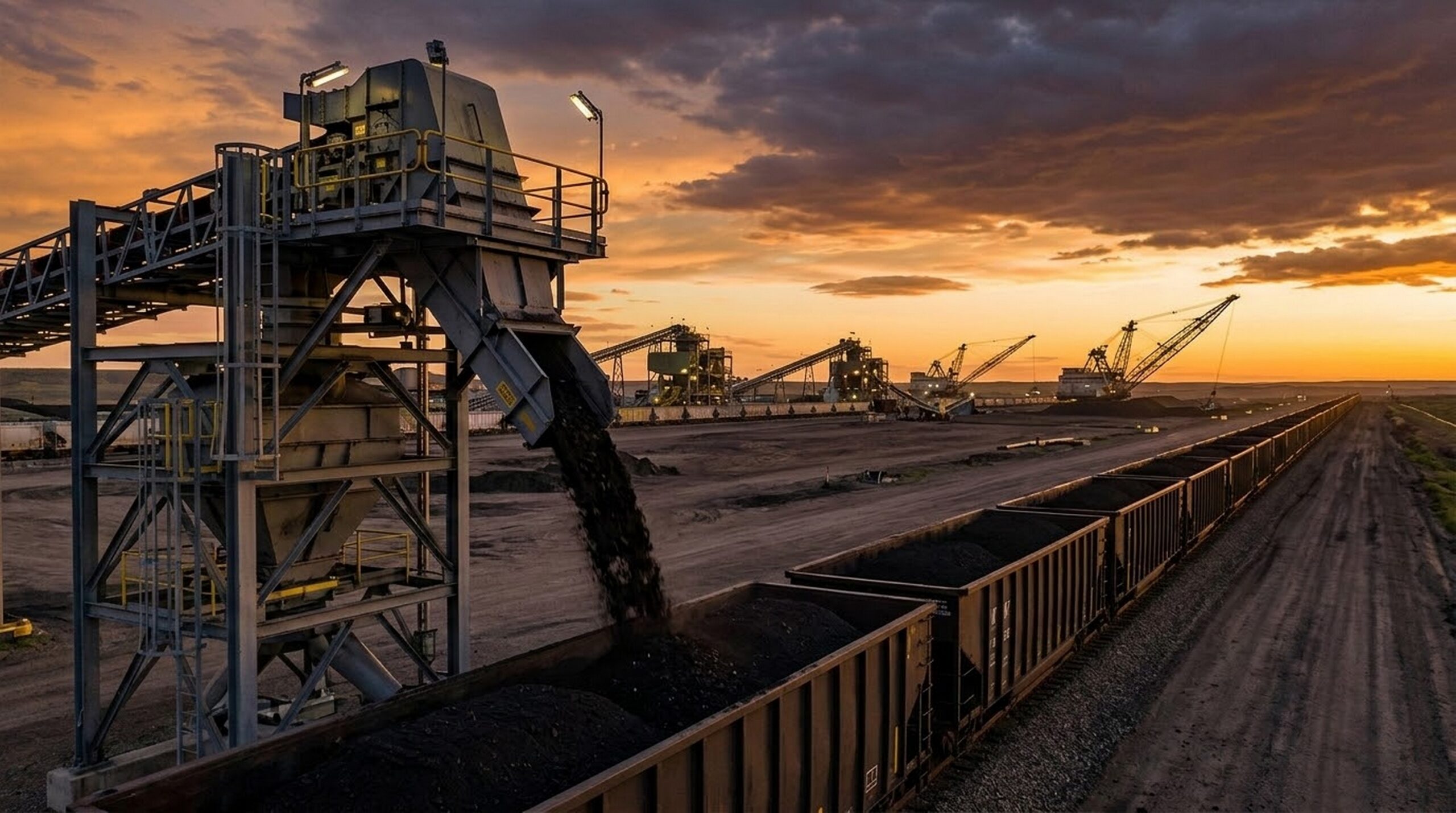 Heavy unit train loading high-volume coal at a bulk rail terminal for international export.