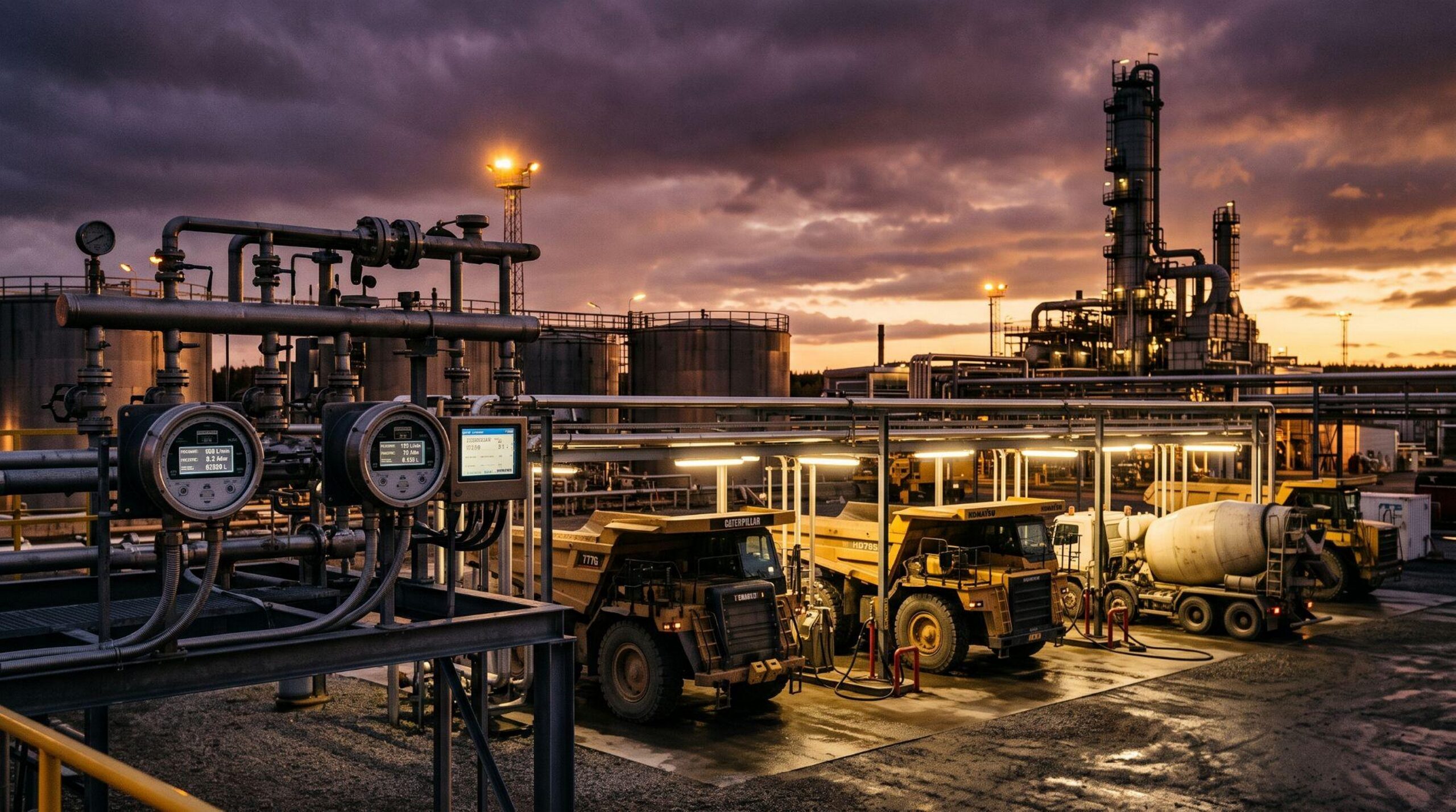 Industrial fuel depot and heavy equipment fleet fueling during late autumn under refinery pipeline infrastructure.