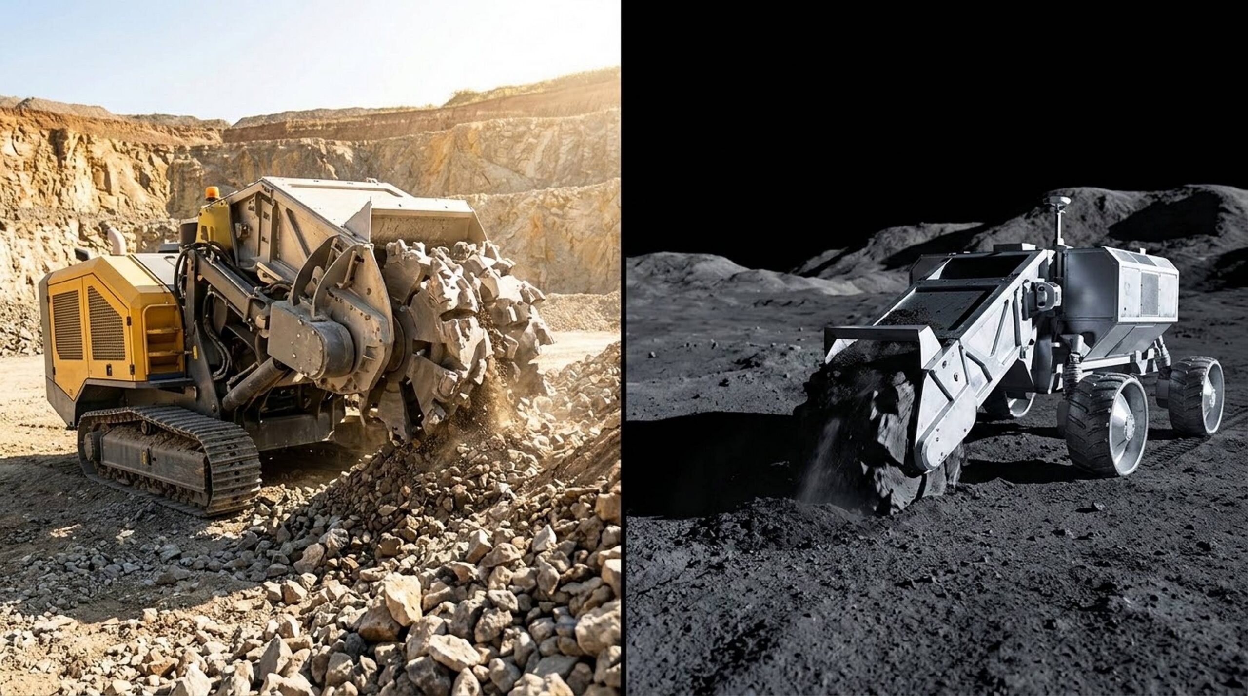 Dual-frontier autonomous excavation technology operating in terrestrial aggregate quarries and lunar regolith extraction sites.