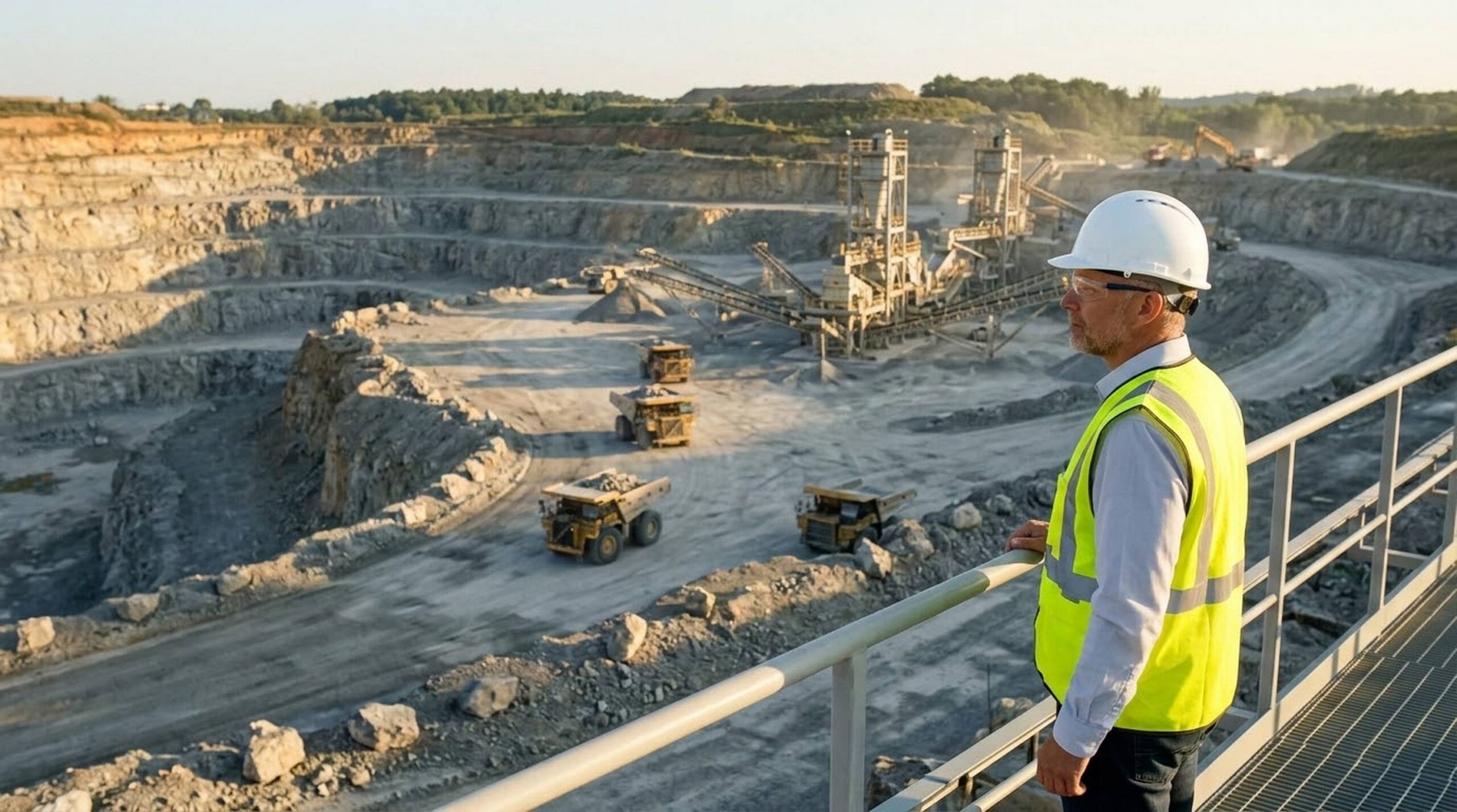 Quarry supervisor overlooking a high-capacity 2 million ton per year aggregate crushing plant and open-pit limestone quarry.