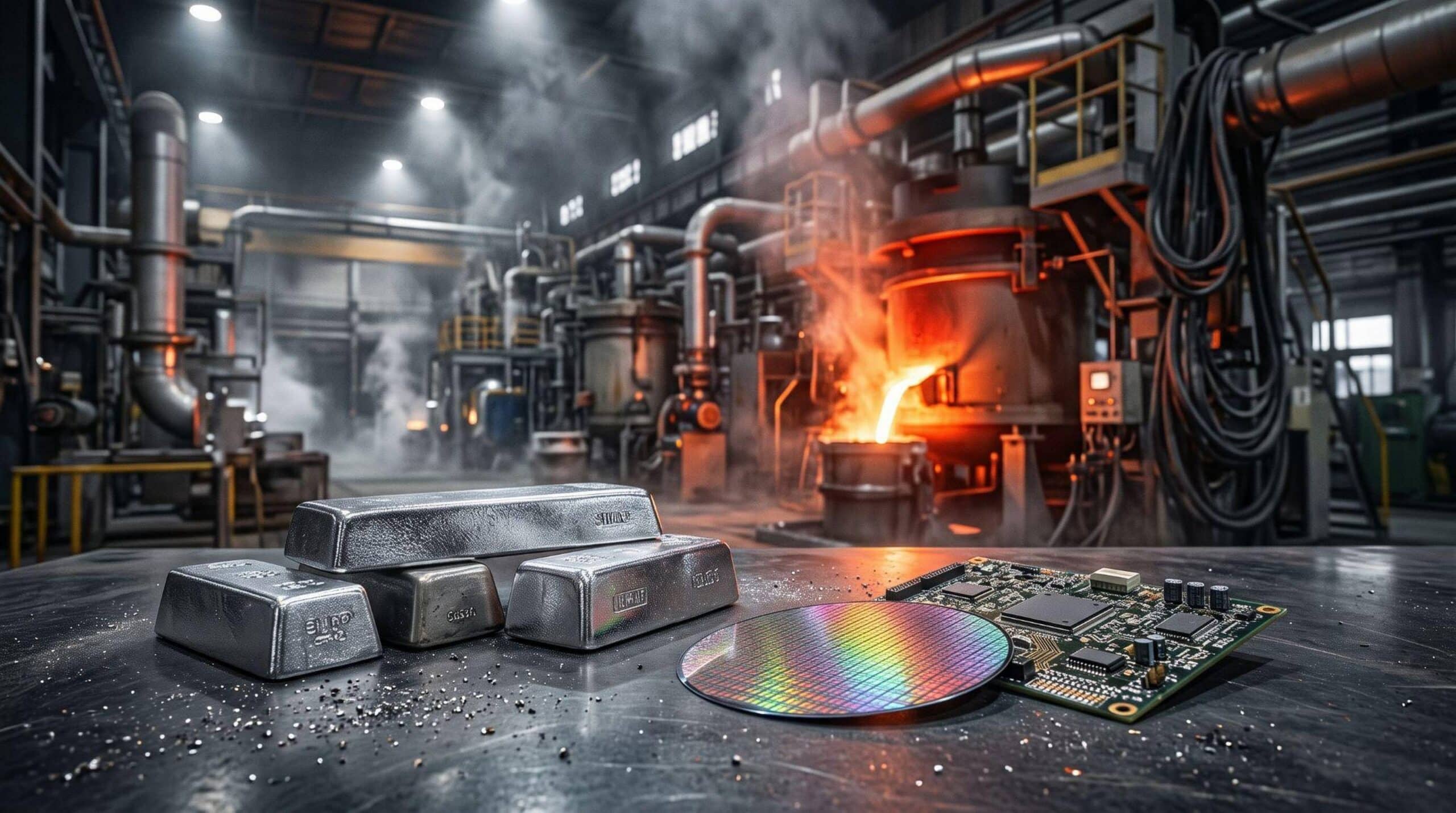 Refined metallic critical mineral ingots displayed alongside a semiconductor wafer in an industrial smelting facility.