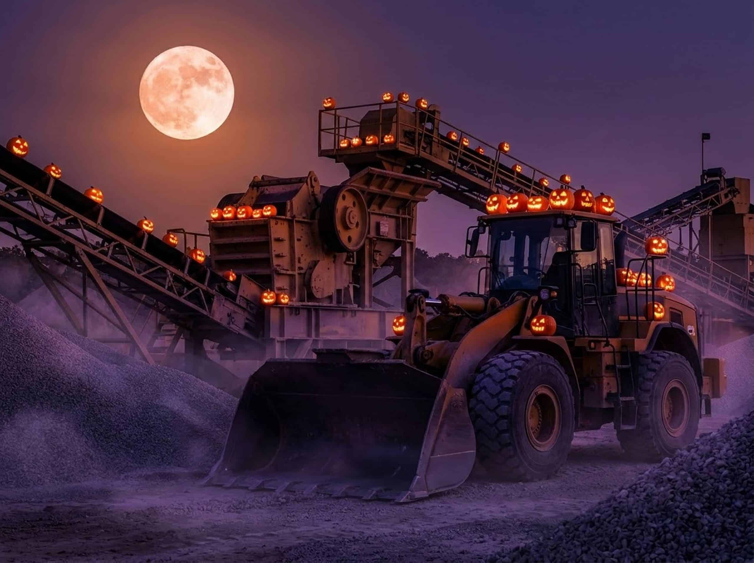 An aggregate quarry at dusk illuminated by a harvest moon and glowing jack-o'-lanterns perched on industrial equipment.