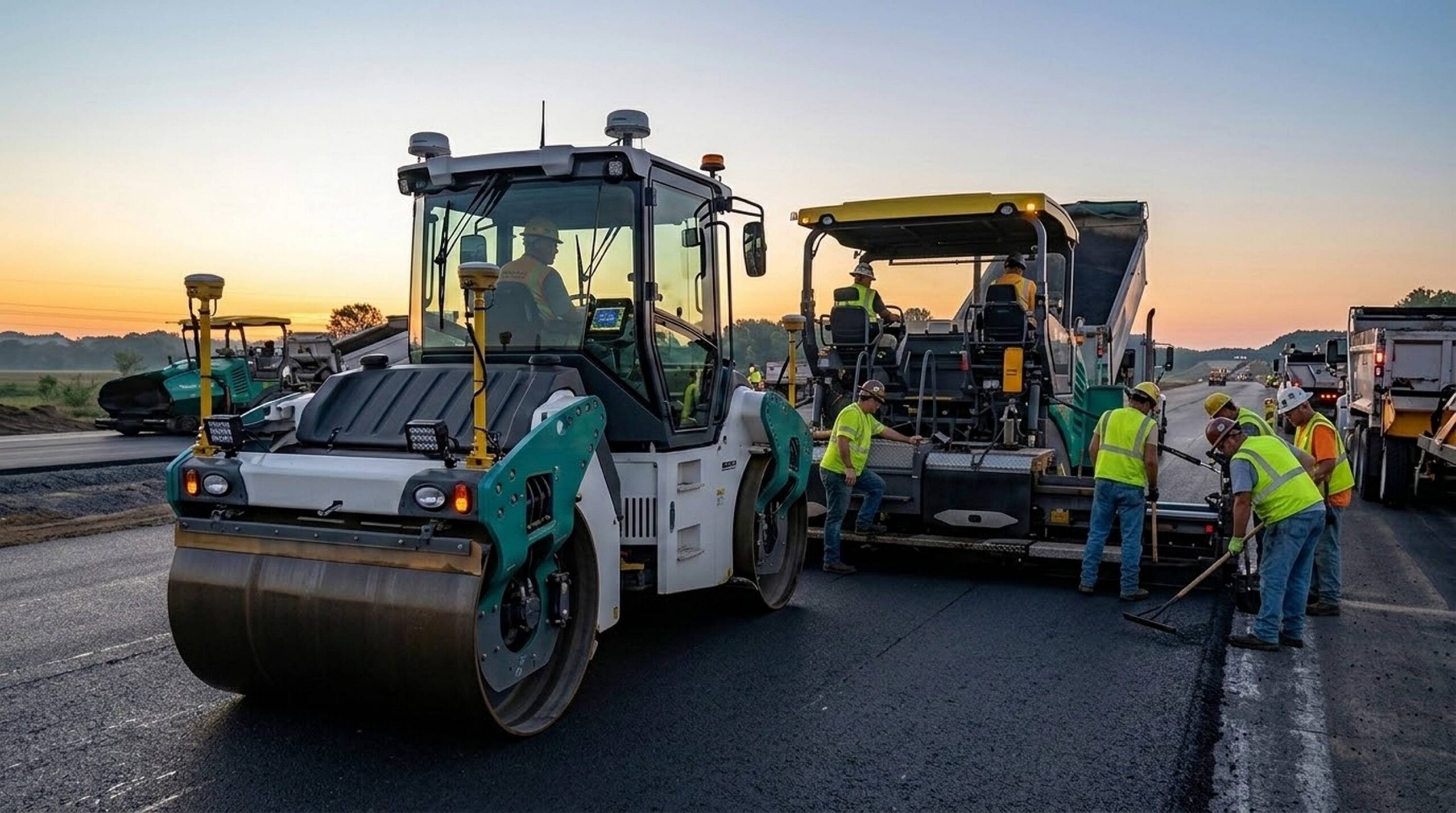 High-tech asphalt paving roller featuring intelligent compaction and thermal sensors on a fresh highway mat.