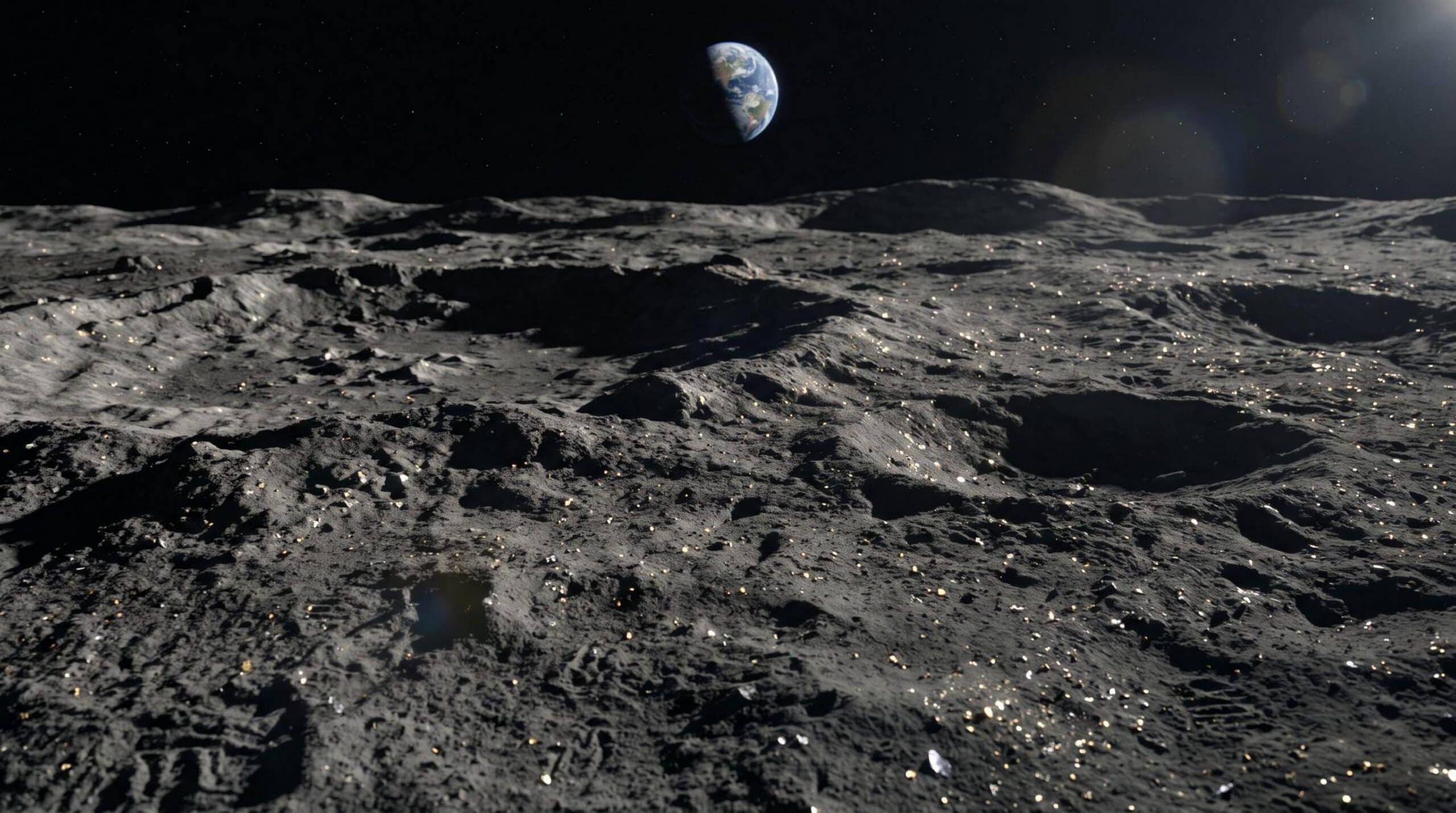 Lunar landscape with low-angle sunlight illuminating sparkling flecks of gold scattered across dark lunar regolith hills.