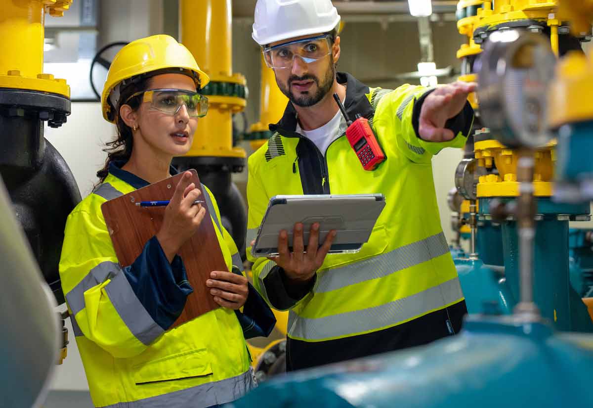 Industrial plant operations manager reviewing technical data and coaching a supervisor on the plant floor.